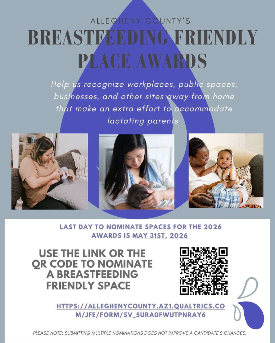 HealthAllegheny's tweet photo. Know a place with a designated space for breastfeeding or human milk feeding? 

The Allegheny County Health Department WIC Program and the Allegheny County Breastfeeding Coalition are recognizing these locations through the Breastfeeding Friendly Place Awards.

Nominate a breastfeeding friendly space here:
https://t.co/5pGcAvmzbh

#breastfeeding #health