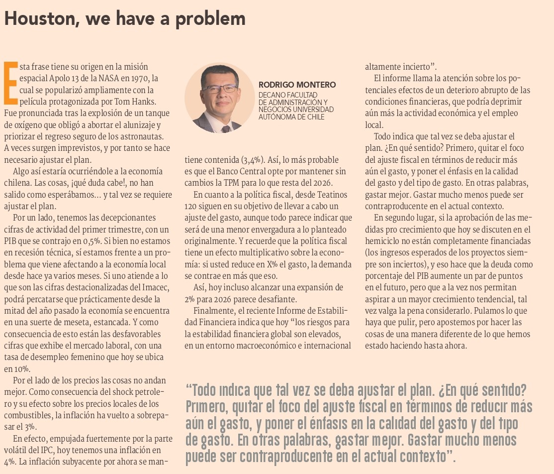 DFinanciero's tweet photo. 💬 #OpiniónDF | Columna: Houston, we have a problem
✍️ Rodrigo Montero, decano Facultad de Administración y Negocios Universidad Autónoma de Chile 
https://t.co/a9yuXFWKSQ https://t.co/e6mU2BuMqo