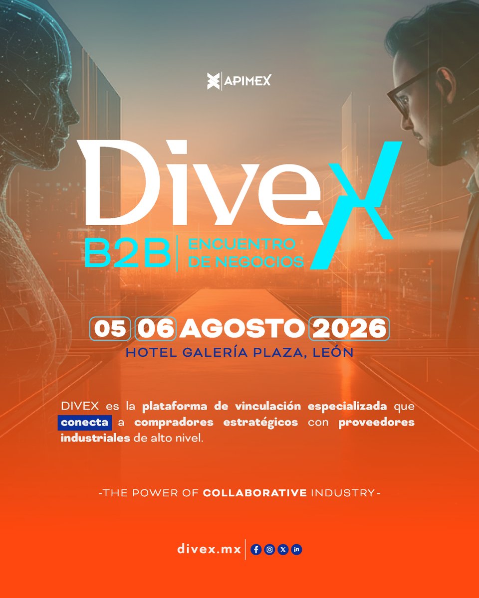 divexapimex's tweet photo. Hay conexiones que generan oportunidades.
Y otras que transforman negocios. 🔗

Muy pronto llega DIVEX B2B 🤝
Un espacio donde el networking estratégico se convierte en oportunidades reales. 💼

5 y 6 de agosto de 2026.
📍Hotel Galería Plaza León. https://t.co/yUIfn8H04x