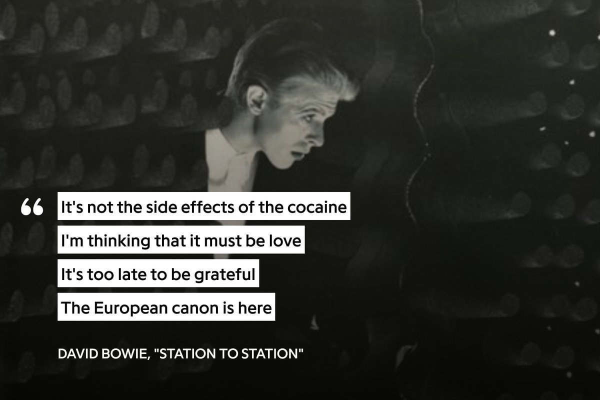 eenthymeme's tweet photo. I think of David Bowie's cocaine addiction during Station to Station/Thin White Duke. Dismissed as madness despite his lyrics across prior albums. Then later he writes shallow liberal songs with Tin Machine, sparing his own name. How does an artist become so dull so quickly?

"It's not the side effects of the cocaine, I'm thinking that it must be love"