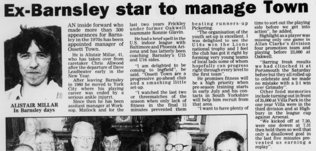 BarnsleyFCOTD's tweet photo. News of an ex-Red on this day in 1993. Local 'papers reported that Alistair Millar had been appointed manager of Ossett Town. He'd previously been assistant to another ex-Red - Ronnie Glavin at Frickley Athletic. Ali made 324 appearances and scored 17 goals for BFC between 1970-80. #BarnsleyFC #AlistairMillar