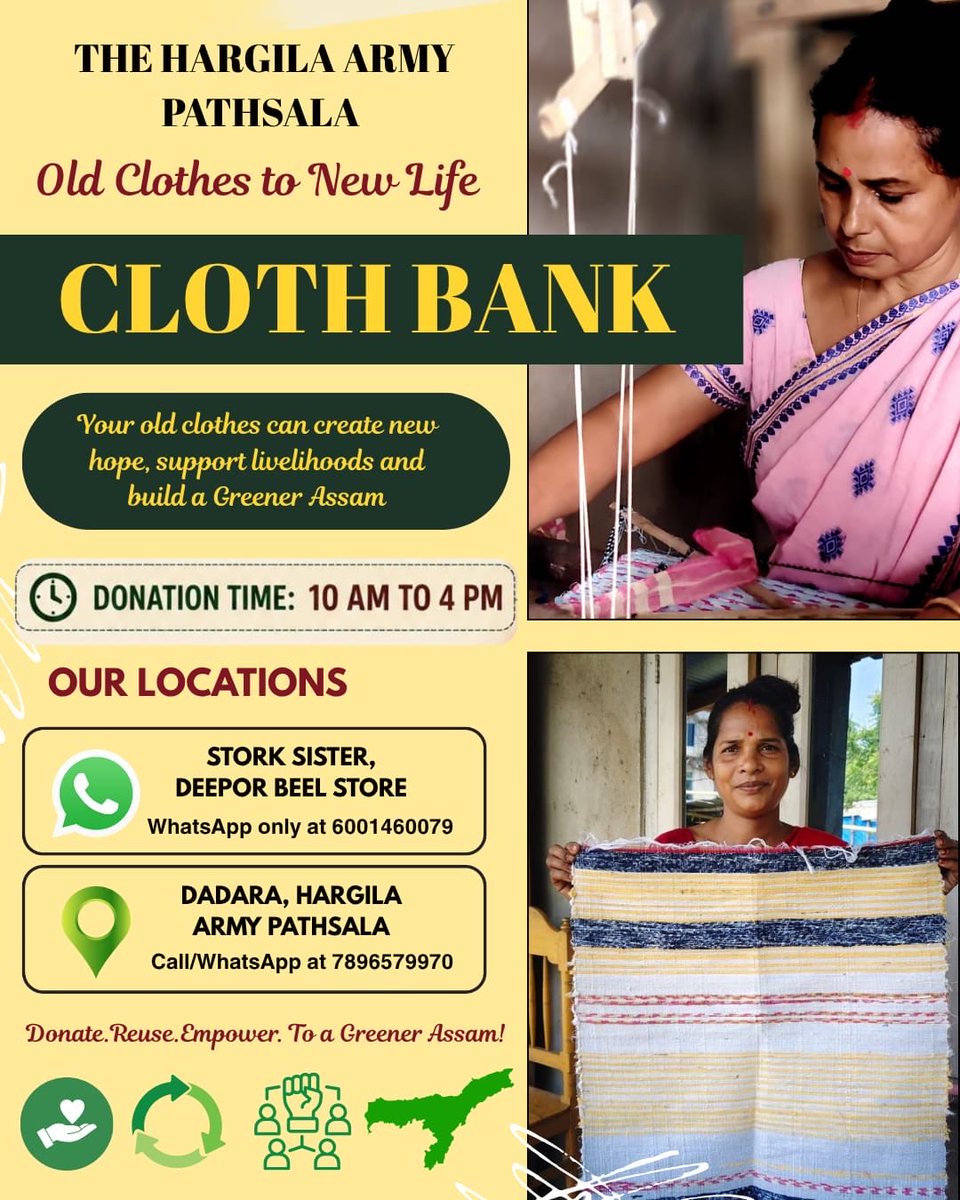 StorkSister's tweet photo. We are overwhelmed by your love and prompt responses for our Cloth Bank : Old Clothes to New life Initiative.👕♻️  

At our Hargila Army Pathsala, old clothes are finding a new life through the skilled hands of our women. Every cloth that is donated helps create handwoven mats, support livelihoods and reduce wastes, helping us move towards a sustainable Assam.

🕐 Donation time - 10 AM to 4PM 

📍You may please donate your clothes by visiting:

Stork Sister, Deepor Beel Store
📞 7638038399

 Dadara, Hargila Army Pathsala
📞 7896579970

📧 hargilaarmy@gmail.com
