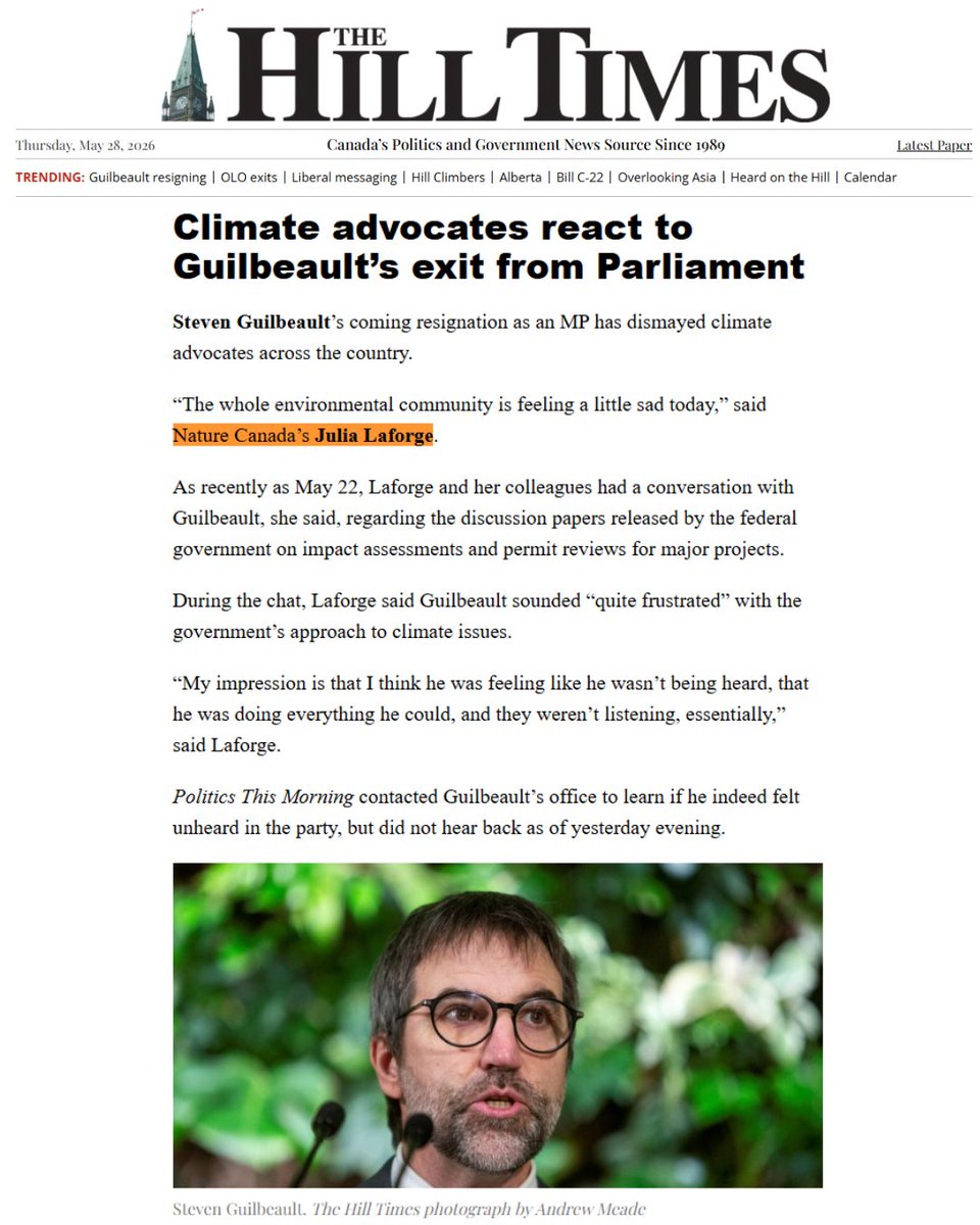 NatureCanada's tweet photo. “The whole environmental community is feeling a little sad"

We thank Mr. Guilbeault for his extensive contributions to nature and to Canada’s natural heritage.
Mr. Guilbeault was entrusted with multiple senior portfolios, under two Prime Ministers. Throughout those tenures, he maintained a steadfast commitment to advancing the public interest, working for sustainable prosperity, and protecting Canadians’ rights to a healthy and livable environment.

In particular, his personal leadership helped bring the world to Canada under the Convention on Biological Diversity, and set Canada and the world towards protecting thirty percent of our lands and waters.

He is a true champion for nature and we can’t thank him enough for his service to nature and to Canada.
