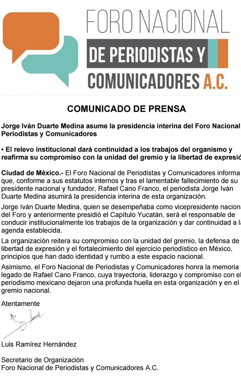 oleafontes's tweet photo. Jorge Iván Duarte Medina asume la presidencia interina del Foro Nacional de Periodistas y Comunicadores.
​Duarte tendrá la responsabilidad de conducir los trabajos institucionales y dar continuidad a la agenda del organismo, fundado por el periodista Rafael Cano Franco (+). https://t.co/q4jfDrBZFm