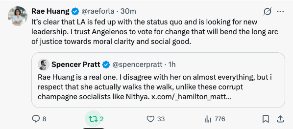 TVietor08's tweet photo. If you think @nithyavraman is too conservative and therefor are throwing tacit support to Spencer Pratt, I have no idea what that says about your political ideology but it does make clear that you are a stone cold idiot. https://t.co/gukUYaaLv6