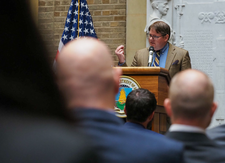 usdaRD's tweet photo. U.S. Secretary of Agriculture Brooke L. Rollins, fellow @USDA officials Deputy Secretary Stephen Vaden, Rural Utilities Service Administrator Karl Elmshaeuser, and Assistant Administrator Chris McLean, and @NRECANews CEO Jim Matheson spoke and celebrated with guests at the USDA’s Whitten Building on May 27, 2026, during a ceremony celebrating ’90 Years of Investing in Rural Electric Infrastructure’ to commemorate the 1936 Rural Electrification Act.