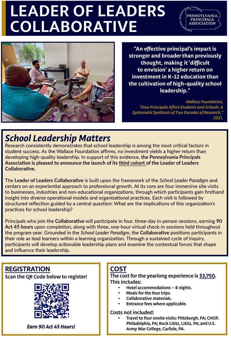 PAPRINCIPALS's tweet photo. Register today for the Leader of Leaders Collaborative—a yearlong experience for veteran principals featuring immersive site visits, peer collaboration &amp; 90 Act 45 hours.
📍26-27 Cohort
📅Kickoff: July 14-16, 2026
Learn more &amp; register:https://t.co/Vc1SnH7IJZ
#PAPrincipals https://t.co/Tps4roze7G
