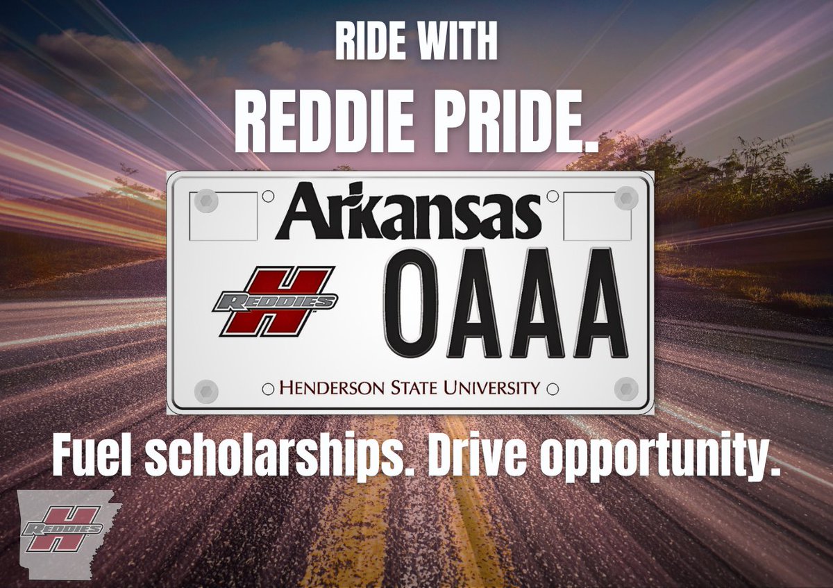 HSUAlumni's tweet photo. 𝐖𝐡𝐞𝐫𝐞𝐯𝐞𝐫 𝐭𝐡𝐞 𝐫𝐨𝐚𝐝 𝐭𝐚𝐤𝐞𝐬 𝐲𝐨𝐮 𝐭𝐡𝐢𝐬 𝐬𝐮𝐦𝐦𝐞𝐫, 𝐭𝐚𝐤𝐞 𝐇𝐞𝐧𝐝𝐞𝐫𝐬𝐨𝐧 𝐰𝐢𝐭𝐡 𝐲𝐨𝐮!

Ride with Reddie pride by purchasing a Henderson State license plate! Each HSU plate includes a $𝟐𝟓 𝐠𝐢𝐟𝐭 𝐭𝐨 𝐭𝐡𝐞 𝐇𝐒𝐔 𝐅𝐨𝐮𝐧𝐝𝐚𝐭𝐢𝐨𝐧, fueling the 𝐑𝐞𝐝𝐝𝐢𝐞 𝐋𝐞𝐠𝐚𝐜𝐲 𝐒𝐜𝐡𝐨𝐥𝐚𝐫𝐬𝐡𝐢𝐩 𝐅𝐮𝐧𝐝 and driving opportunity for generations for students.

Get your Henderson plate today at any Arkansas Revenue Office or visit https://t.co/ADBnDjoM5S