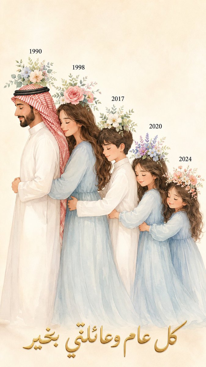 alotaibiai3's tweet photo. هذا أجمل برومبت عائلي جربتُه هالفترة 💙

احتاج رأيكم في البرومبت وتفاعلكم 🤙🤙🤙
ماهو لازم تحطون النتيجة للي يرى ان فيها خصوصية 🥰 او يضع تواريخ من عنده
لكن ردودكم واللايكات مهمة😎

البرومبت : 

أنشئ تصميمًا عاطفيًا ناعمًا بأسلوب:
Soft Family Illustration + Minimal Emotional Art + Pastel Storybook Style

المقاس:
9:16 عمودي (1080×1920)

الخلفية:
خلفية عاجية فاتحة جدًا وناعمة مع تدرجات كريمية خفيفة جدًا، وإضاءة هادئة حالمة بدون أي ازدحام بصري.

التكوين العام:
مشهد جانبي لعائلة تقف على شكل سلسلة مترابطة مليئة بالحب والطمأنينة.

الشخصيات مصطفة من اليسار إلى اليمين بهذا الترتيب:

• الأب
• الأم
• الأبن الأول
• البنت الثانية
• البنت الثالثة

الأب في المقدمة والأم تحتضنه من الخلف وكل شخص يحتضن الشخص الذي أمامه بلطف وهدوء، مع تعابير مريحة وعيون مغمضة توحي بالأمان والسكينة.

الملابس:
• الأب يرتدي ثوب سعودي أبيض مع شماغ أحمر وأبيض بطريقة أنيقة وناعمة. 
• الأبن يرتدي ثوب سعودي ابيض بدون شماغ
• الأم والبنات يرتدين فساتين طويلة بلون أزرق سماوي باستيل بخامة قماش خفيفة وانسيابية.

فوق كل شخصية:
ضع سنة الميلاد بخط أسود واضح Minimal:

• الأب : 1990
• الأم : 1998
• الأبن الأول : 2017
• البنت الأولى : 2020
• البنت الثانية : 2024

الزهور:
أضف فوق رأس كل شخصية مجموعة زهور مختلفة ترمز لشخصيتها وعمرها، بأسلوب مائي ناعم جدًا Watercolor.

التفاصيل الفنية:
• الرسم بأسلوب watercolor illustration
• خامات ناعمة جدًا
• ظلال خفيفة للغاية
• خطوط نظيفة
• إحساس دافئ وعائلي
• جودة عالية جدًا
• تكوين هادئ ومؤثر
• بدون عناصر إضافية أو خلفيات مزدحمة

الإحساس النهائي:
لوحة عائلية شاعرية مليئة بالحنان والسكينة وكأنها ذكرى محفوظة
في أسفل التصميم اكتب بخط منحوت وذهبي :
كل عام وعائلتي بخير 

#برومبت_مجاني #AIillustration #عيد_الأضحى #عيد_الاضحى