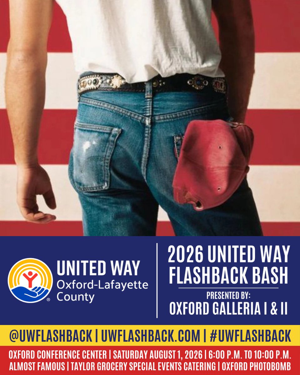 UWFlashback's tweet photo. Relive your “Glory Days” as you flash back for our community’s future! Come as you are, as you were, or however you want to be! 

2026 United Way Flashback Bash, Presented by Oxford Galleria I &amp; II
8/1/26 |  6 PM - 10 PM 
https://t.co/3BsNSHiz66 

#UWFlashback #UWOxfordMS #TBT https://t.co/18FXiOSYtF
