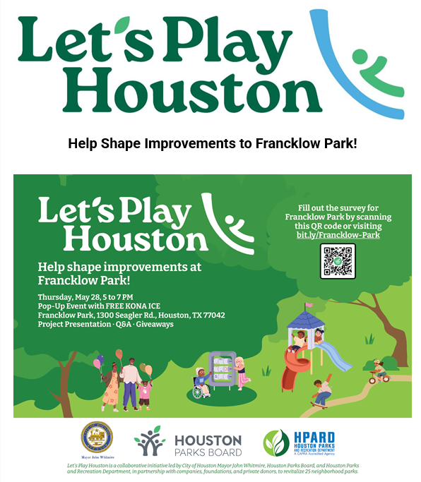 houdistrictg's tweet photo. 🌳 Help shape improvements to Francklow Park! Join @houparksboard on May 28 from 5–7 PM at 1300 Seagler Rd. for a community pop-up featuring project updates, design boards, Q&amp;A, and FREE Kona Ice 🍧
Can’t make it? Share your feedback by contacting: info@houstonparksboard.org https://t.co/q7kuSOZD7c