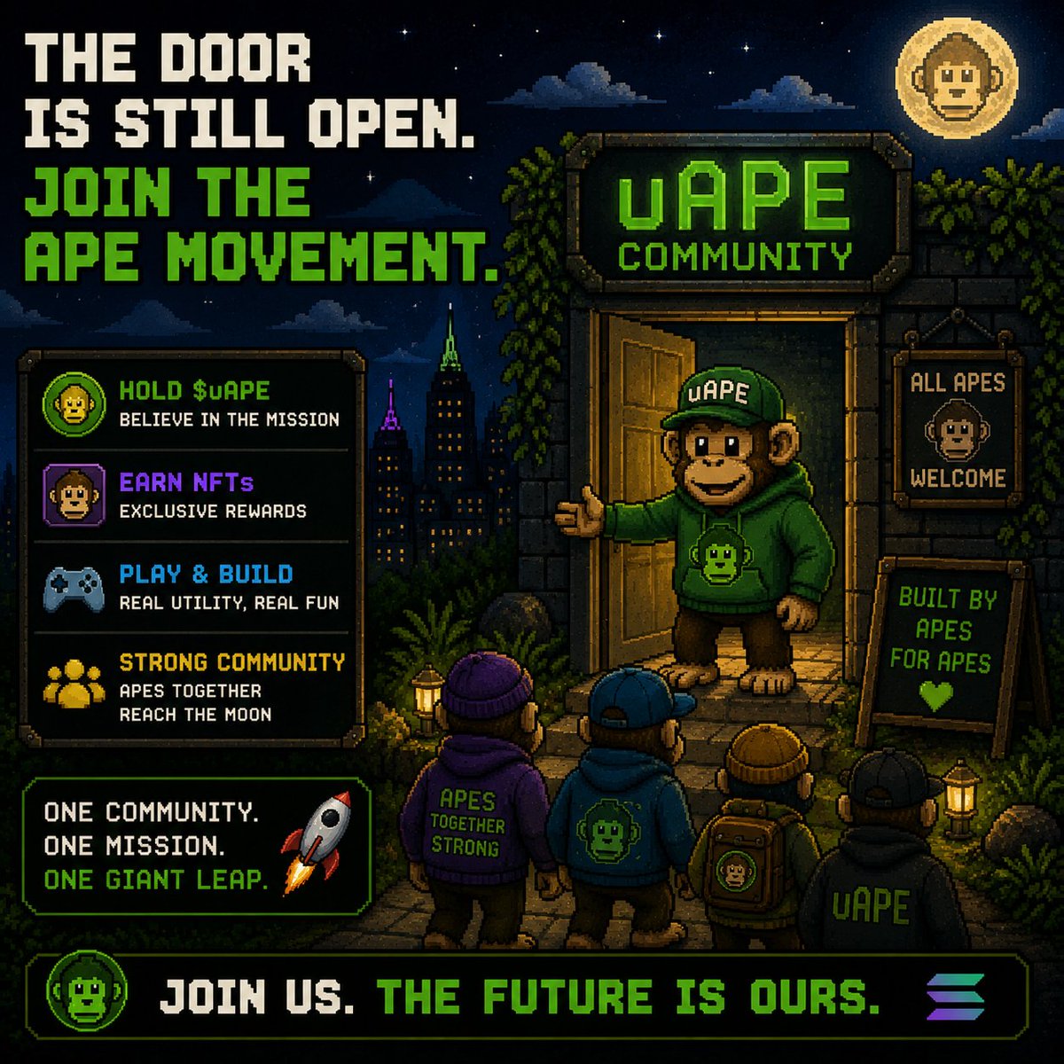 CzarnyNFT's tweet photo. The door is still open. 🐒🚀
Hold $uAPE.
Earn NFTs.
Build the future with us.
#uAPE #Solana #NFT #GameFi https://t.co/krpsukJoU4