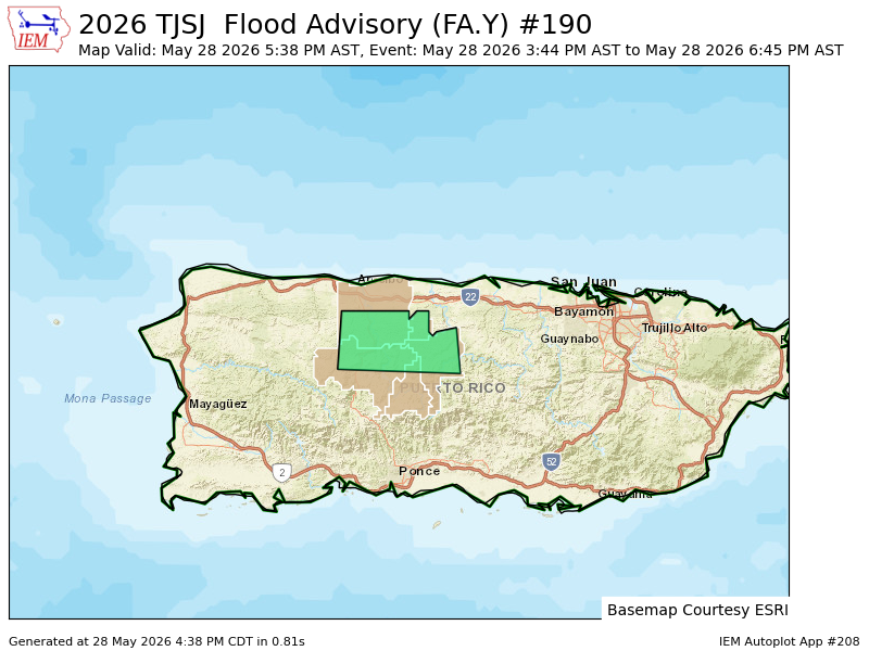 DopplerdePR's tweet photo. JSJ extends time of Flood Advisory for Arecibo, Ciales, Florida, Jayuya, Utuado [PR] till May 28, 6:45 PM AST https://t.co/B7N31U5naR https://t.co/fBoETXnn5A