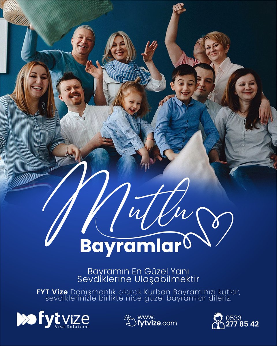 FytVizeGlobal's tweet photo. ❤️ **Mutlu Kurban Bayramları!** 🕌

Bayramın en güzel yanı, sevdiklerine ulaşabilmek, aynı sofrada gülmek, aynı heyecanı paylaşmaktır. 

FYT Vize olarak sizlere ve tüm sevdiklerinize sağlık, huzur ve nice güzel bayramlar diliyoruz. 

Kurban Bayramınızı en değerli anılarla doldurmanızı, sevdiklerinizle birlikte nice mutlu günler yaşamanızı temenni ederiz. 💙

Bayramınız mübarek olsun! 🕋

---

📍 Vize işlemleriniz için biz her zaman yanınızdayız: 
🌐 https://t.co/4JxD2upnBj 
📞 0533 277 85 42