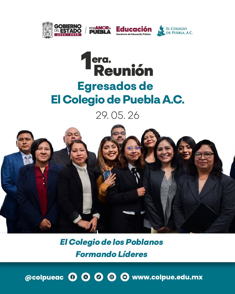 COLPUEAC's tweet photo. ¡Fortalecemos nuestra comunidad! 
Acompáñanos a la 1era. Reunión de Egresados de El @ColPueAc. Un espacio de vinculación, diálogo y reencuentro para los líderes de nuestro estado. 

📅 Viernes 29 de mayo de 2026

#PorAmorAPuebla #PensarEnGrande #ColPue https://t.co/WfWMQhpq7C