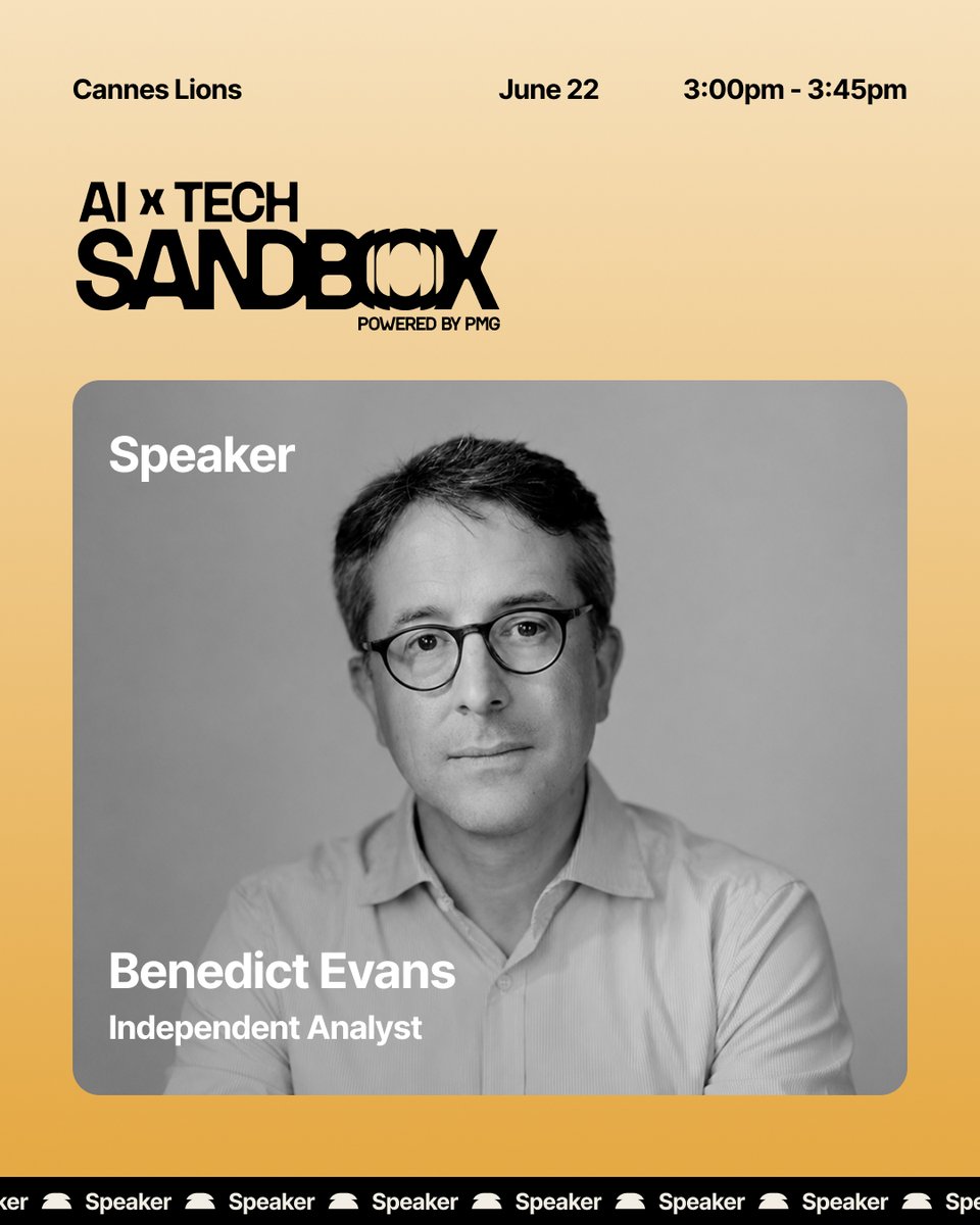 ai_tech_sandbox's tweet photo. Hear from Benedict Evans, Independent Analyst, at the AI &amp; Tech Sandbox as he unpacks how AI is reshaping business, creativity, and competition.

🕝 2:15–3:00 PM CEST
📍 June 22 | Miramar Beach, Cannes

https://t.co/oIVKTQDNpF https://t.co/Ey6foZ4oVZ