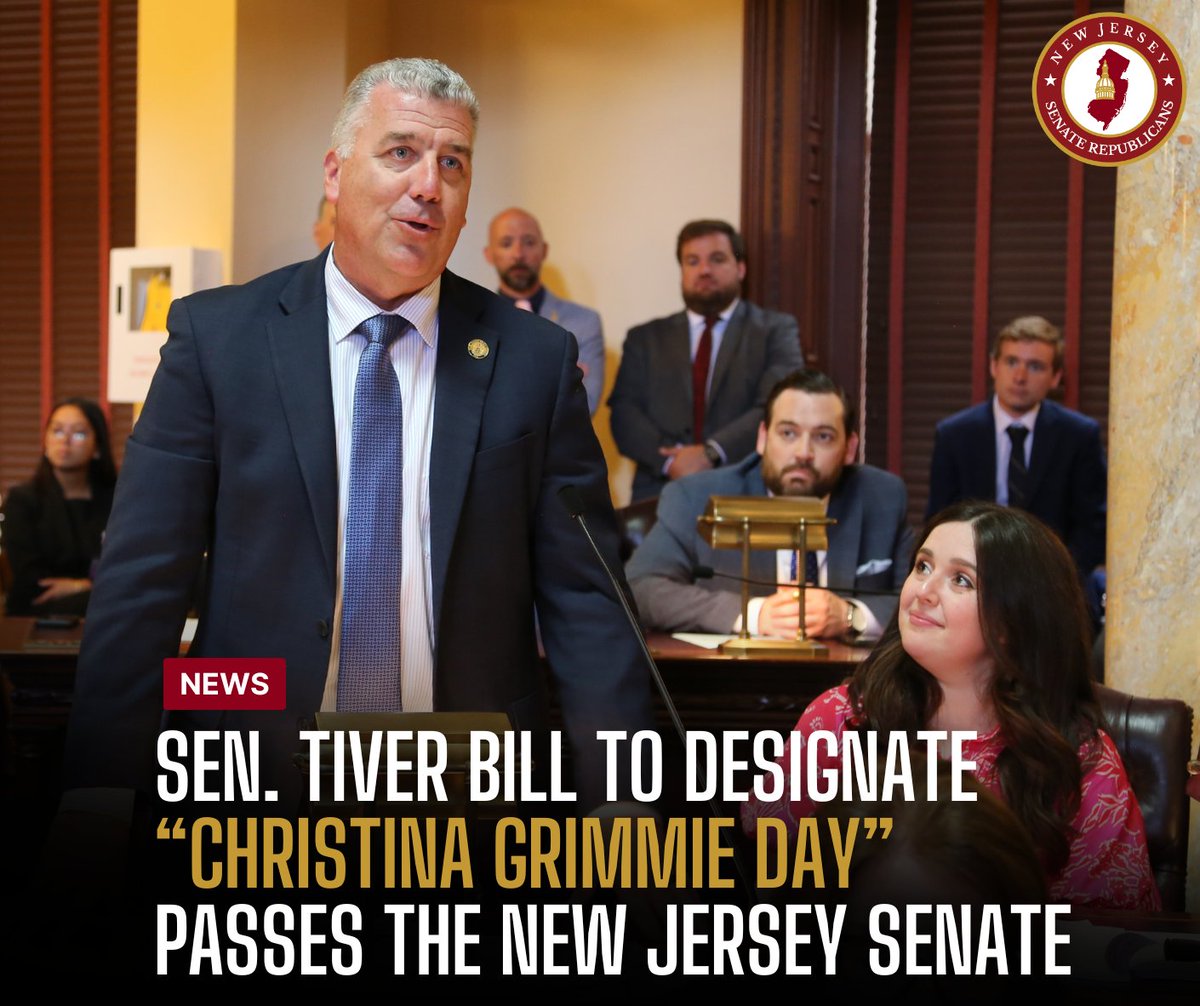 NJSenateGOP's tweet photo. ✅ Unanimously passed the Senate.

Joined by Christina’s best friend, Lauren Longo, Sen. Latham Tiver honored the beloved Marlton native &amp; Cherokee HS graduate, recognizing her lasting impact 10 years after her tragic passing.

The bill now moves a step closer to becoming law. 💚 https://t.co/9BREHJ3JsE