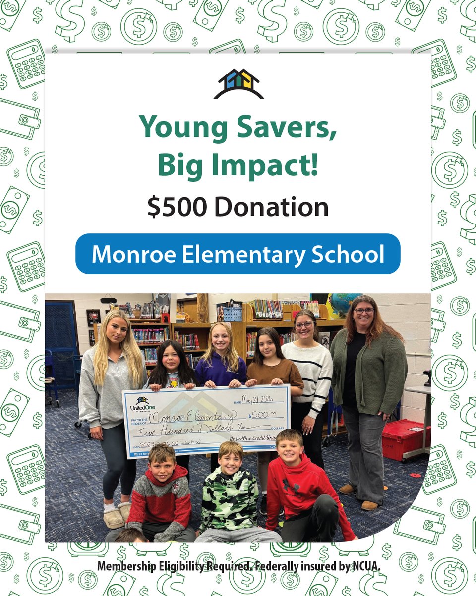 UnitedOneCU's tweet photo. The student staff at Monroe Elementary School did an amazing job of running its school credit union this year!

Alexis, our Education Specialist, presented Monroe with a $500 donation and treated the student staff to a lunch party. https://t.co/PCW0QZfPd5