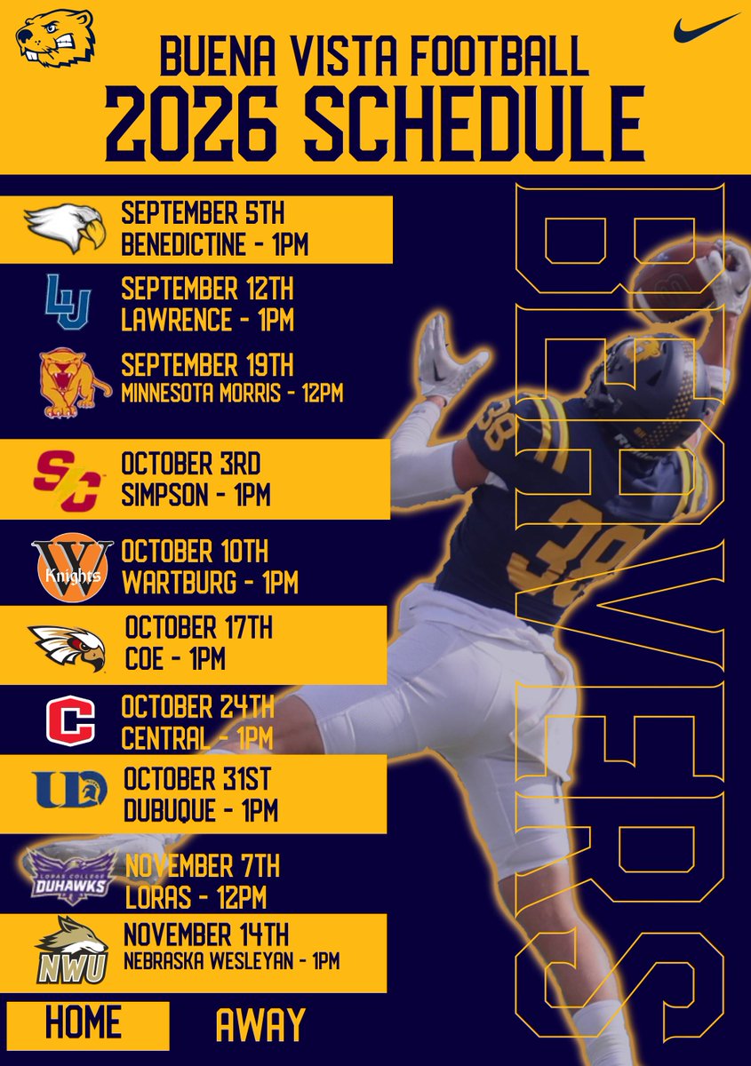 BVU_Football's tweet photo. 100 days until @BVU_Football begins the 2026 season🦫🏈

Take a look at the 2026 schedule as we enter the summer months

#BeaverNation #BeaversBuild @BVUAthletics https://t.co/teUoonjdrH