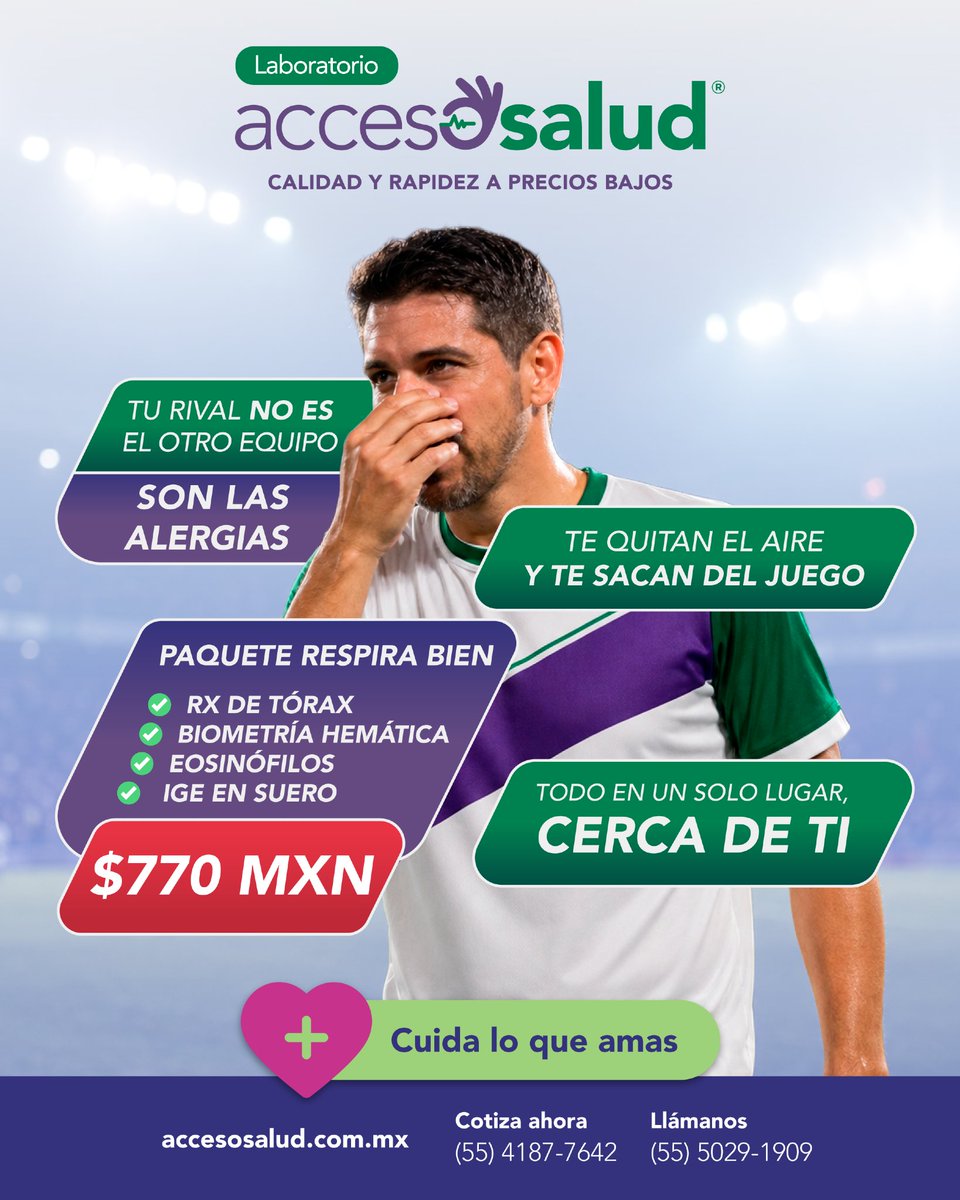 labaccesosalud's tweet photo. Cuando el partido se pone tenso… respirar bien hace la diferencia. ⚽
Pero si los estornudos o la congestión te hacen pedir el cambio, puede ser momento de revisar tu salud. 👀

Recibe la cotización de tu paquete por WhatsApp: 55 4187 7642. 💬 https://t.co/R2EJiY5Drx