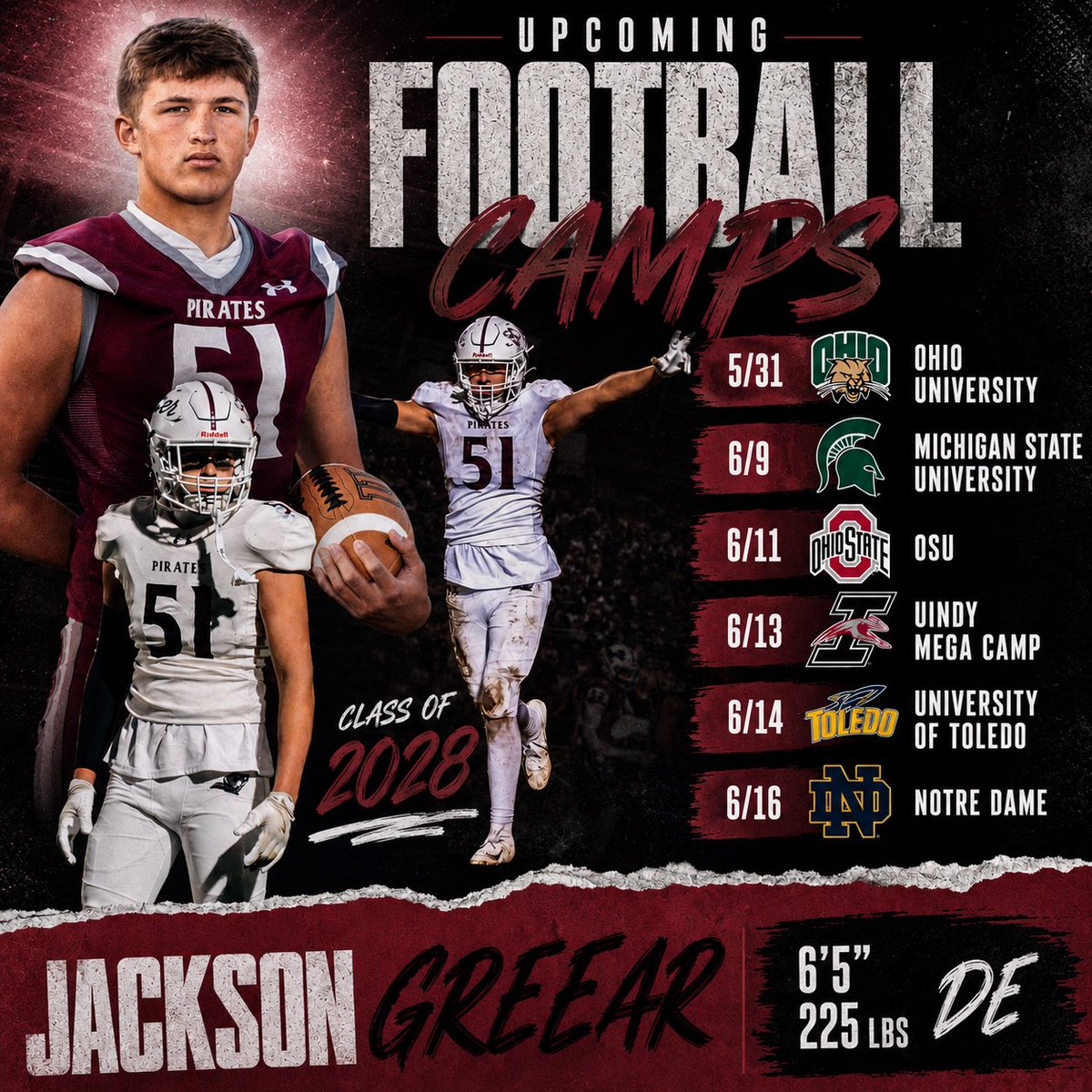 Jackson_Greear's tweet photo. I’m excited for the start of 2026 football camp season! These are the camps I am registered to attend, can’t wait to show what I can do. 
@CoachWells1 @morr_movement_ @R2X_Rushmen1 @CoachPartridge @MikeMoralesMSU @alexpmixa @PhelpsDLCoach @coachLong95  @KoryAllen @Coach_DeBo46 @Coach_Mattix @KadePelton