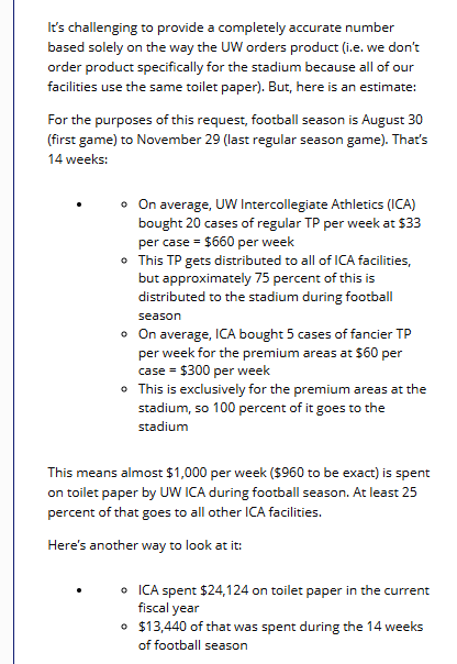 MattBrownEP's tweet photo. SERIOUS PROFESSIONAL JOURNALISM UPDATE:

Have you ever wanted to know how much toilet paper a school has to buy for a major college football stadium during a season?

Here's what Washington told me: https://t.co/urmzjn05hF