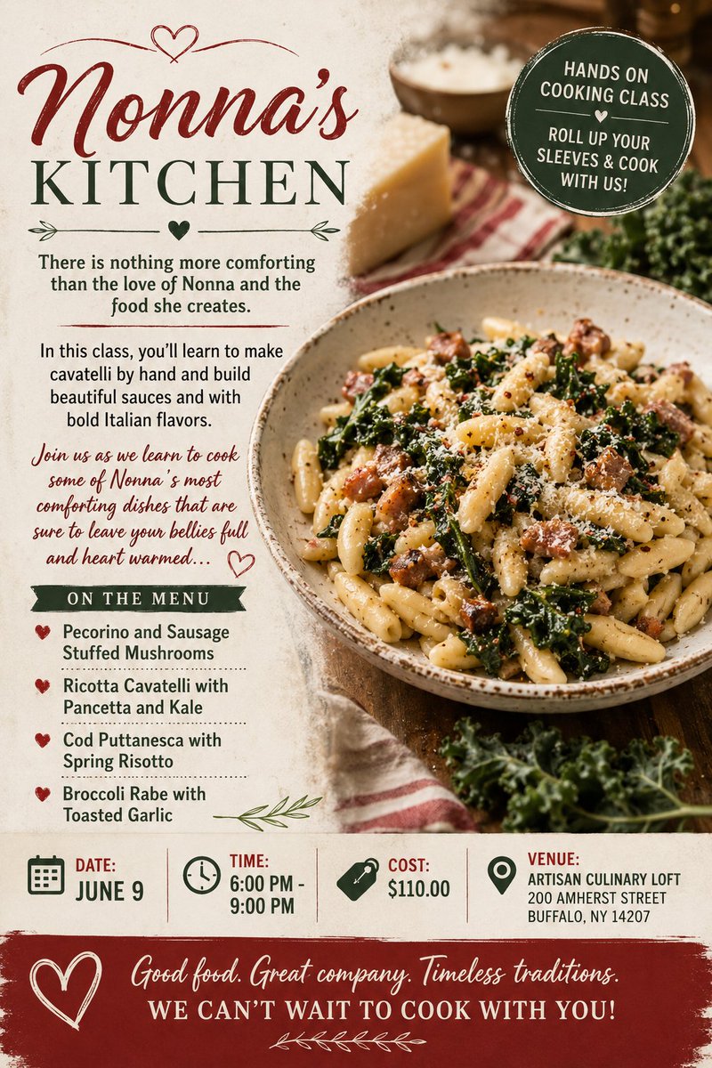 BuffaloCooking's tweet photo. 🍝✨ Step into Nonna’s Kitchen and experience the comfort of handmade Italian cooking! ✨🍷
There’s nothing more comforting than the love of Nonna and the incredible food she creates. Join us for an unforgettable hands-on evening!📅 June 9
 ⏰6:00 PM – 9:00 PM
 💲$110 per guest https://t.co/Xw4d2kEbP8