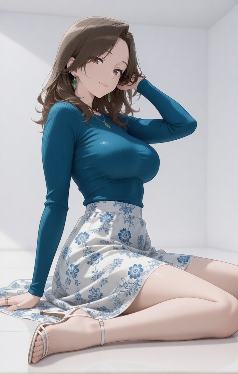 hagamight's tweet photo. 衣装プロンプト
tight-fitting ribbed knit long-sleeve top in vibrant teal blue, glossy stretch fabric, detailed ribbing at cuffs and hem,
paired with a white mini wrap skirt with large vibrant blue floral and vine patterns, light and slightly sheer fabric,
white strappy high-heel sandals with thin ankle straps and toe straps,
matching teal teardrop earrings and pendant necklace,