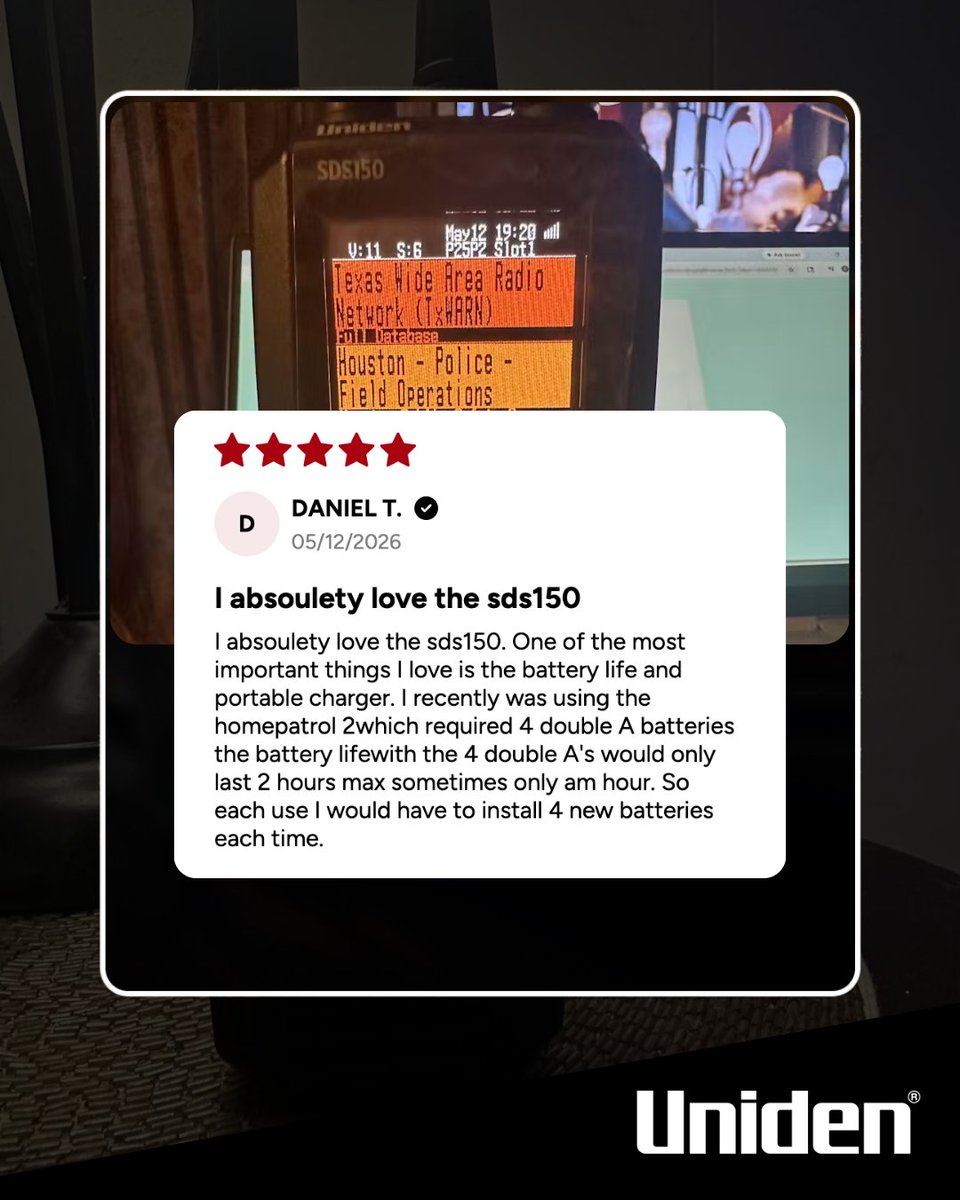 Uniden_America's tweet photo. Scanner users know battery life matters.
Daniel’s SDS150 review says it all:
Fewer battery headaches, easier portability, and a better everyday scanner experience.
SDS150 users, what’s been your favorite upgrade?
#Uniden #SDS150 #RadioScanner #ScannerCommunity https://t.co/A2zNlLtRe2