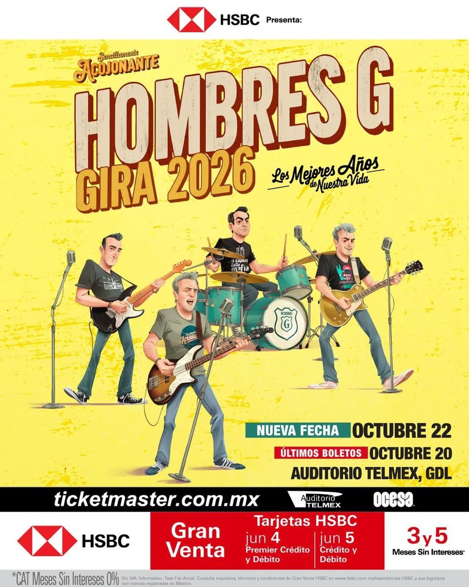 AuditorioTelmex's tweet photo. 🔥🎸 ¡Hombres G abre nueva fecha en Guadalajara! Vive otra noche llena de clásicos, nostalgia y toda la energía de su Gira 2026 

📅 22 de octubre | 🕘 21:00 hrs
🎫 Gran Venta HSBC Crédito y Débito: 4 y 5 de junio – 11:00 hrs
🎫 Venta General: 6 de junio – 11:00 hrs https://t.co/pizOdmsB9h
