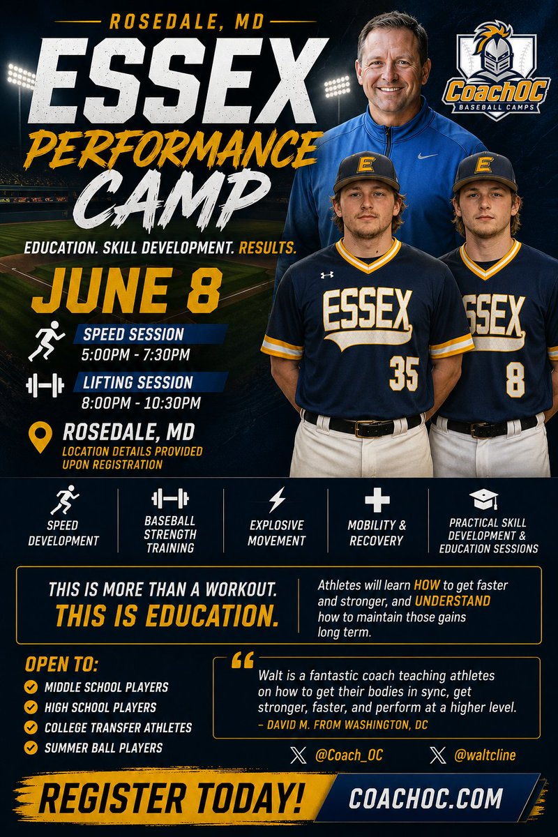Coach_OC's tweet photo. ⚡ ESSEX PERFORMANCE CAMP ⚡

June 8 | Rosedale, MD
✔️ Speed Development
✔️ Strength Training
✔️ Practical Baseball Movement
✔️ Recovery &amp; Mobility

Train with Coach Walt Cline and Essex Baseball.
🎟️ Register:
https://t.co/RNxX9FkRW0
@Coach_OC @waltcline https://t.co/OfZEkN0bdR