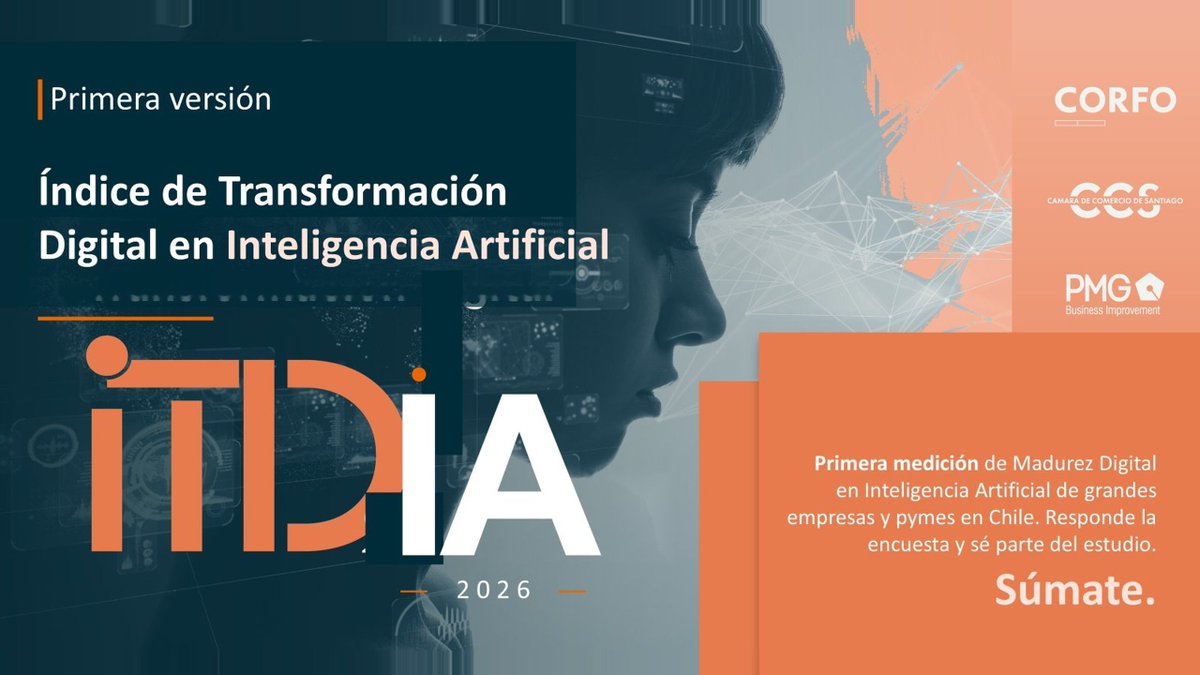 Corfo's tweet photo. Buscamos conocer las prácticas, capacidades y barreras de empresas y Pymes en la implementación de Inteligencia Artificial 🤖

Participa de la nueva versión del Índice de Transformación Digital 👉 https://t.co/3tDQ1CTCKk https://t.co/QiEdocI500