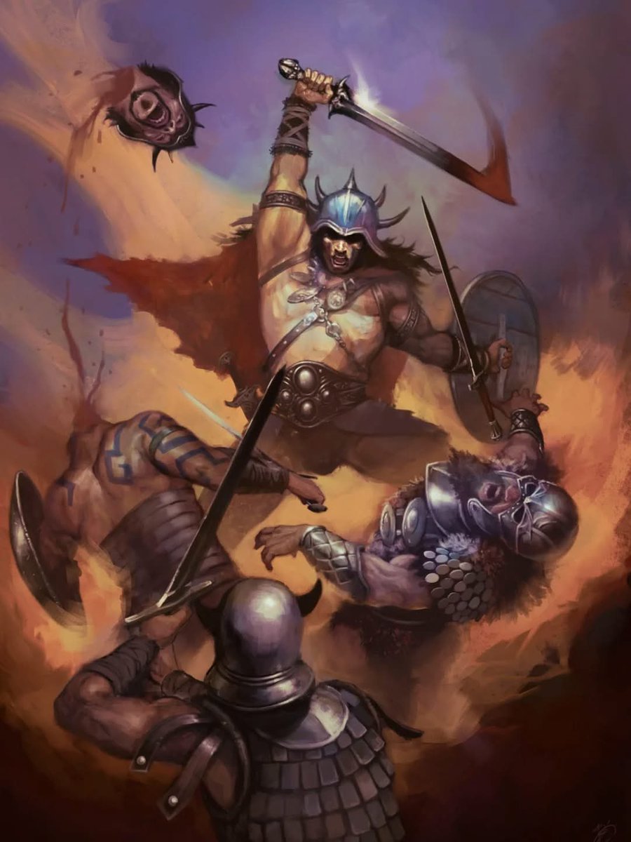 DungeonNoir's tweet photo. Art by Bebito Daroz 
(A tribute to Frazetta and @frazettagirls. That is the artist’s head in the air!) https://t.co/kkSPWguWOc