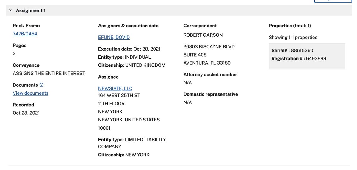 GrahamStarr's tweet photo. Trump's personal lawyer Robert Garson appears to be linked to Dovid Efune's ownership of the trademarks for The Washington Star and New York Herald Tribune https://t.co/gBf7j4a39f