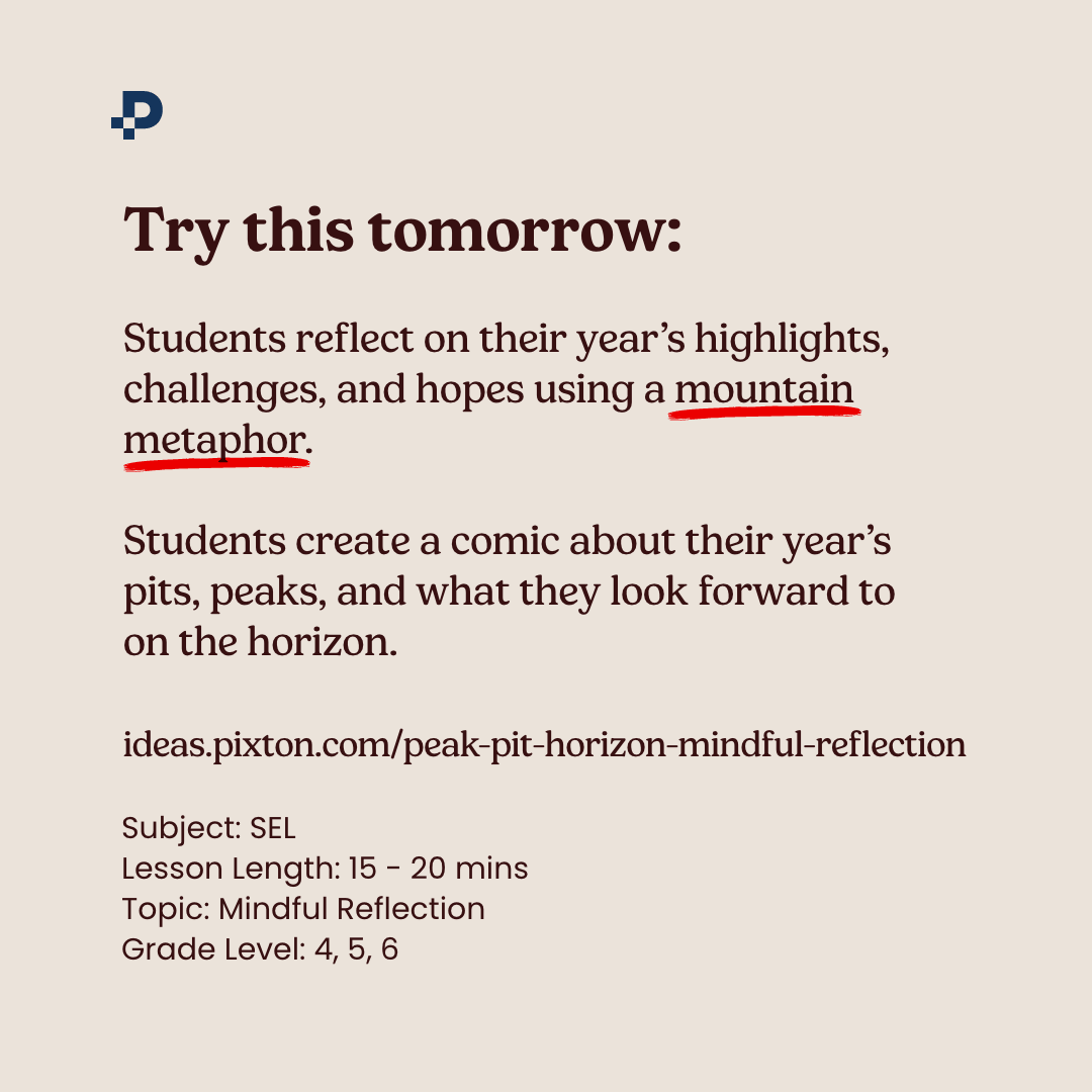 Pixton's tweet photo. End the year with meaningful reflection ⛰️

In this creative comic activity, students use a mountain metaphor to reflect on their year’s peaks, pits, challenges, growth, and what they see ahead on the horizon.

A powerful end-of-year writing activity that builds storytelling, self-expression, and classroom connection.

Try it tomorrow:
https://t.co/4CvOSMofrg

#EndOfYear #CreativeWriting #SEL #ELA #TeachingIdeas #Pixton