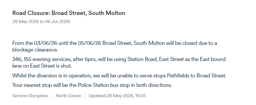 KP9007's tweet photo. @StagecoachSW please can you ask the local depot to clarify this diversion? It states it is only the east bound direction of East Street that is going to be shut, so does that mean it only affects east bound services? Will services towards Barnstaple operate normally? https://t.co/DP21QoqArB