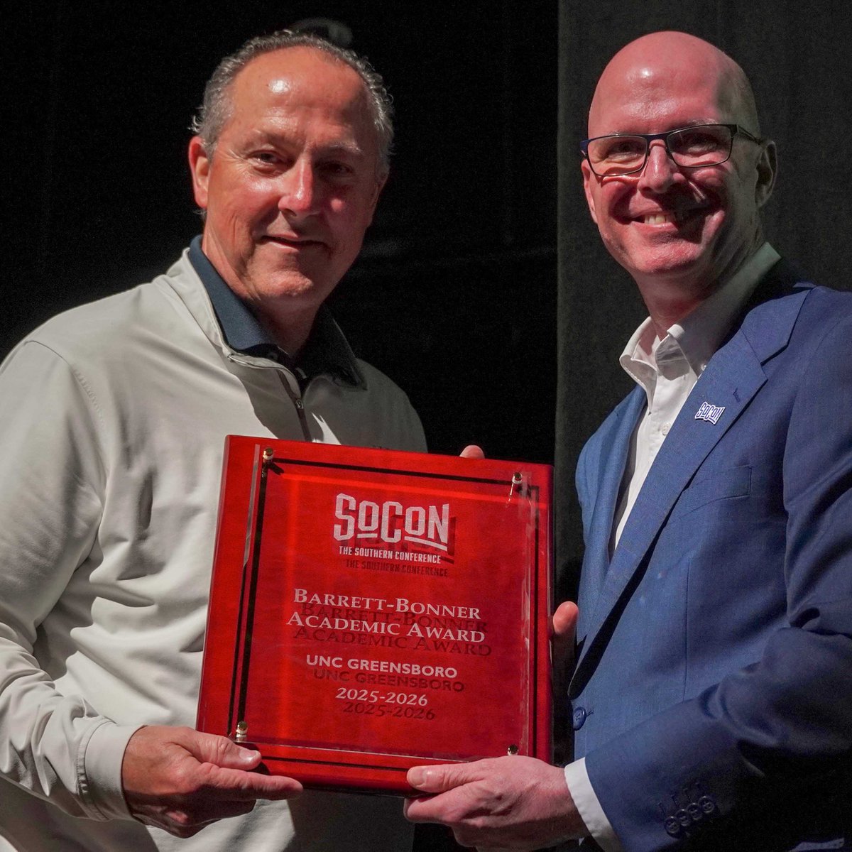 uncgspartans's tweet photo. Last night, UNCG was awarded the Barrett-Bonner Award, which is given to the @SoConSports school with the highest percentage of student-athletes on the league's academic honor roll. 

81% of our Spartans appeared on the 2025-26 SoCon Honor Roll! 📚 #letsgoG https://t.co/TNwTY9swsT