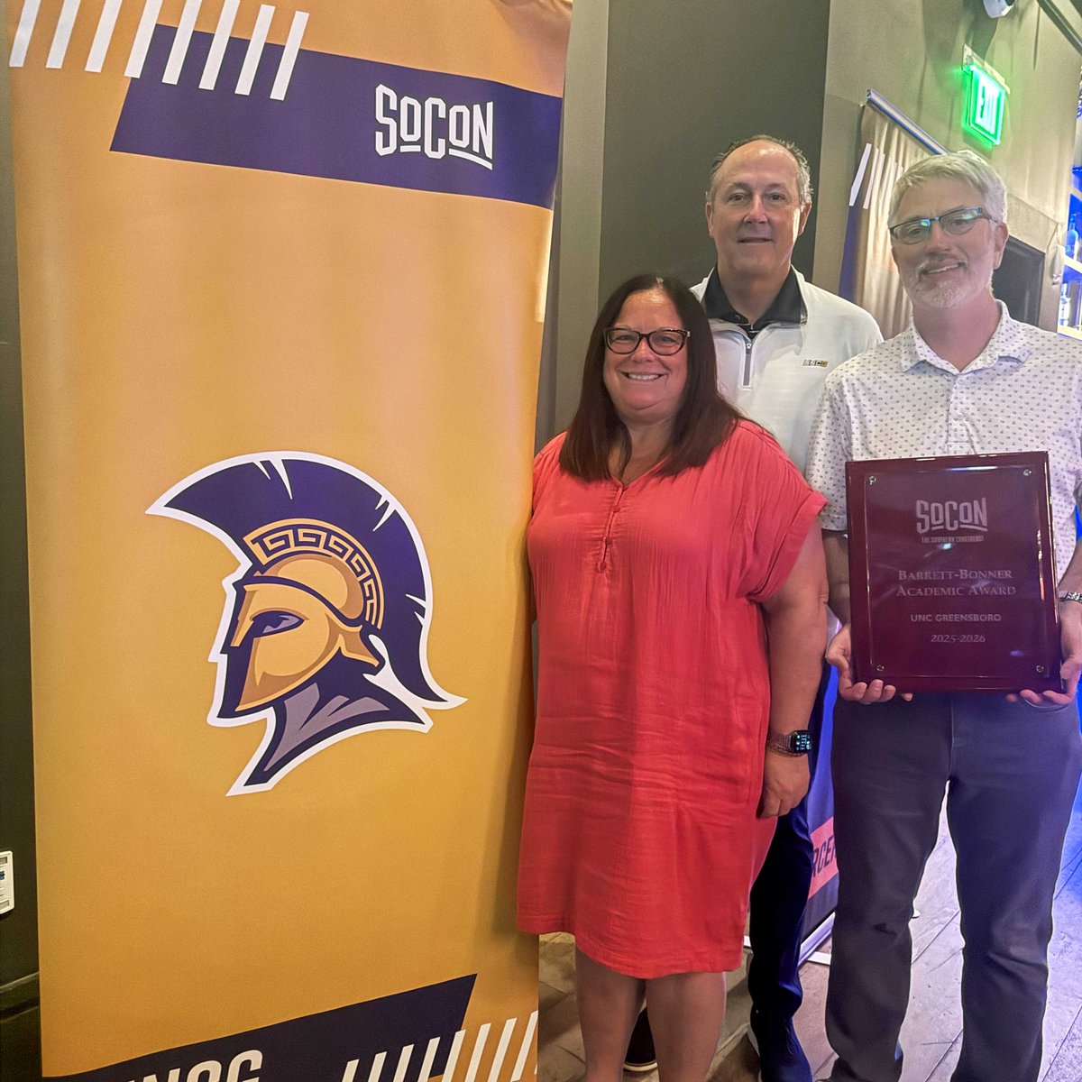 uncgspartans's tweet photo. Last night, UNCG was awarded the Barrett-Bonner Award, which is given to the @SoConSports school with the highest percentage of student-athletes on the league's academic honor roll. 

81% of our Spartans appeared on the 2025-26 SoCon Honor Roll! 📚 #letsgoG https://t.co/TNwTY9swsT