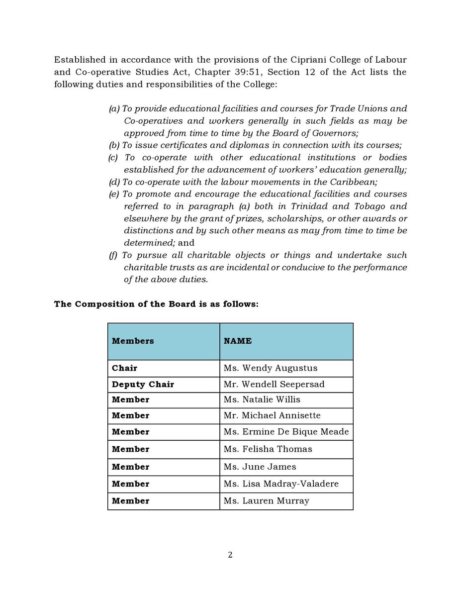 LabourGovTT's tweet photo. As the Cipriani College of Labour and Co-operative Studies  continues its 60th Anniversary celebrations, we join the College in marking another important milestone: The appointment of its Board of Governors by Sen. the Hon. Leroy Baptiste.
Congratulations to the Chair and Members https://t.co/pXTx0qMWyt