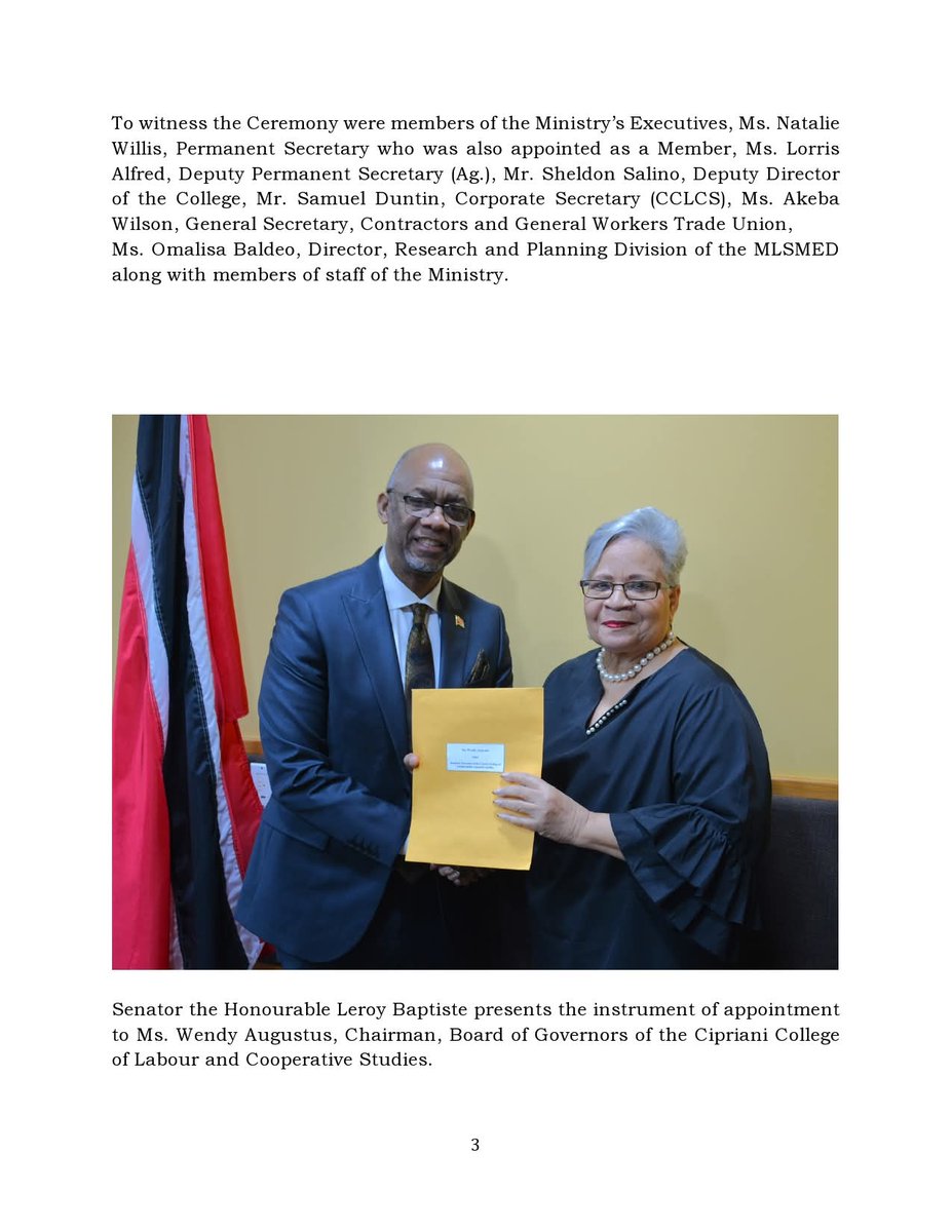 LabourGovTT's tweet photo. As the Cipriani College of Labour and Co-operative Studies  continues its 60th Anniversary celebrations, we join the College in marking another important milestone: The appointment of its Board of Governors by Sen. the Hon. Leroy Baptiste.
Congratulations to the Chair and Members https://t.co/pXTx0qMWyt
