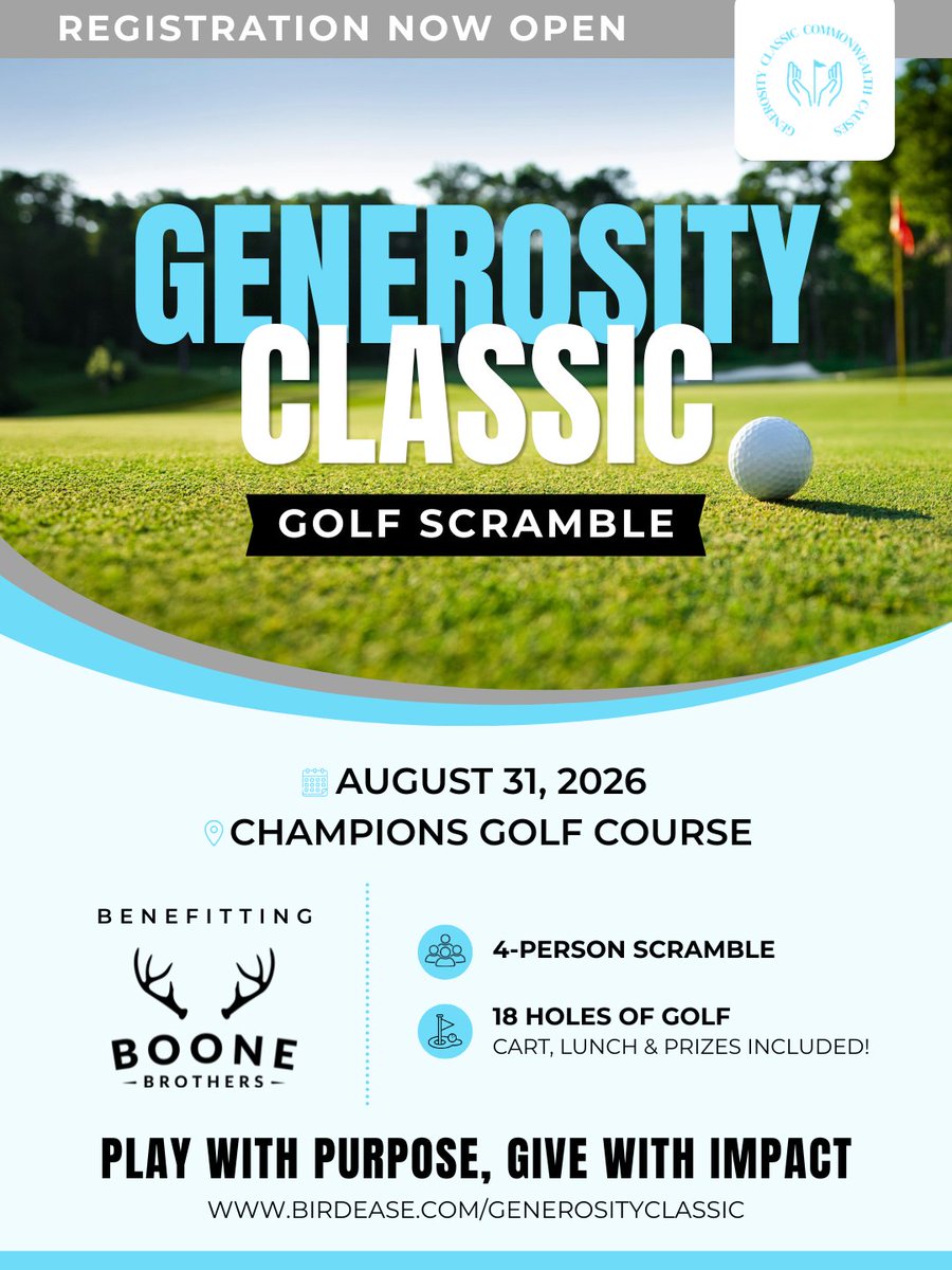 KYCauses's tweet photo. Registration is officially OPEN for the Generosity Classic Golf Scramble! ⛳

Grab your crew and join us August 31, 2026 at Champions Golf Course for a day of golf with a purpose. 🏌️‍♂️

This 4-person scramble includes 18 holes, cart, lunch, and prizes all benefiting Boone Brothers. 

It's the perfect way to enjoy a great round while making a real impact in our community.
Play with purpose. Give with impact. 💙
Register your team today" https://t.co/nrU8whqayT