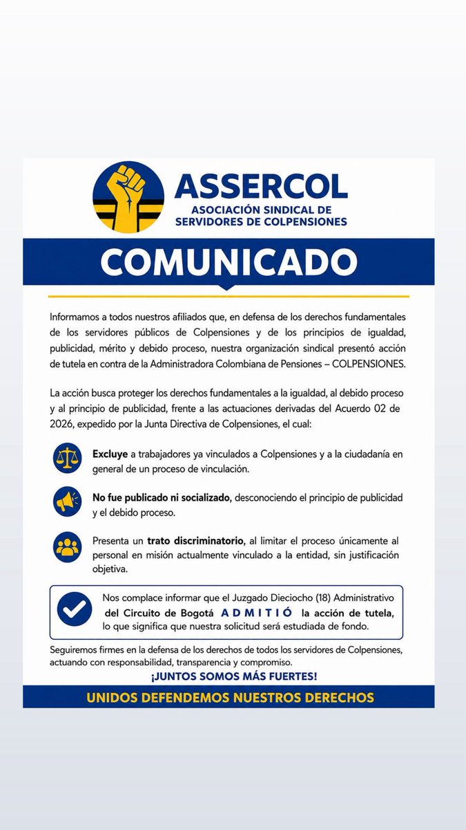 assercol_sindi's tweet photo. ✊🏽 ¡La lucha da resultados! Nuestra tutela contra el Acuerdo 02 de 2026 fue admitida por el Juzgado 18 Administrativo de Bogotá. Porque la igualdad, el mérito y el debido proceso no son negociables. Juntos somos más fuertes. 💛💙 #Assercol #JuntosSomosMásFuertes https://t.co/lFWe87SyfY
