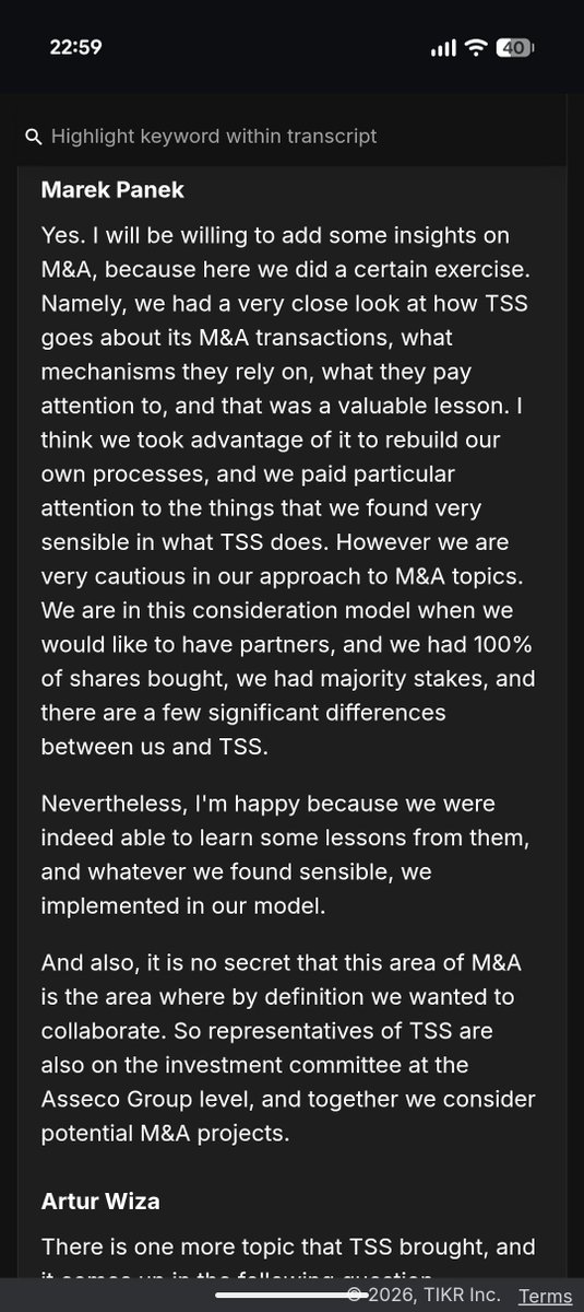 adrivalue's tweet photo. $ACP.WA shared a few interesting insights about what TSS ( $TOI.V ) brings to the table:

- "we are getting to know each other"  ❤️
- Q1 results were not "inspired" by TSS, the merit belongs to Asseco
- Most of the learnings from TSS comes from the M&A side. The three TSS directors are also members of the investment committee
- They're also learning how to perform a smooth CEO transition. Adam Góral is 70 yo and he might be planning to step down soon
- They're working on a new remuneration and retention proposal (the previous one was taken down in the latest AGM)

cc $CSU.TO