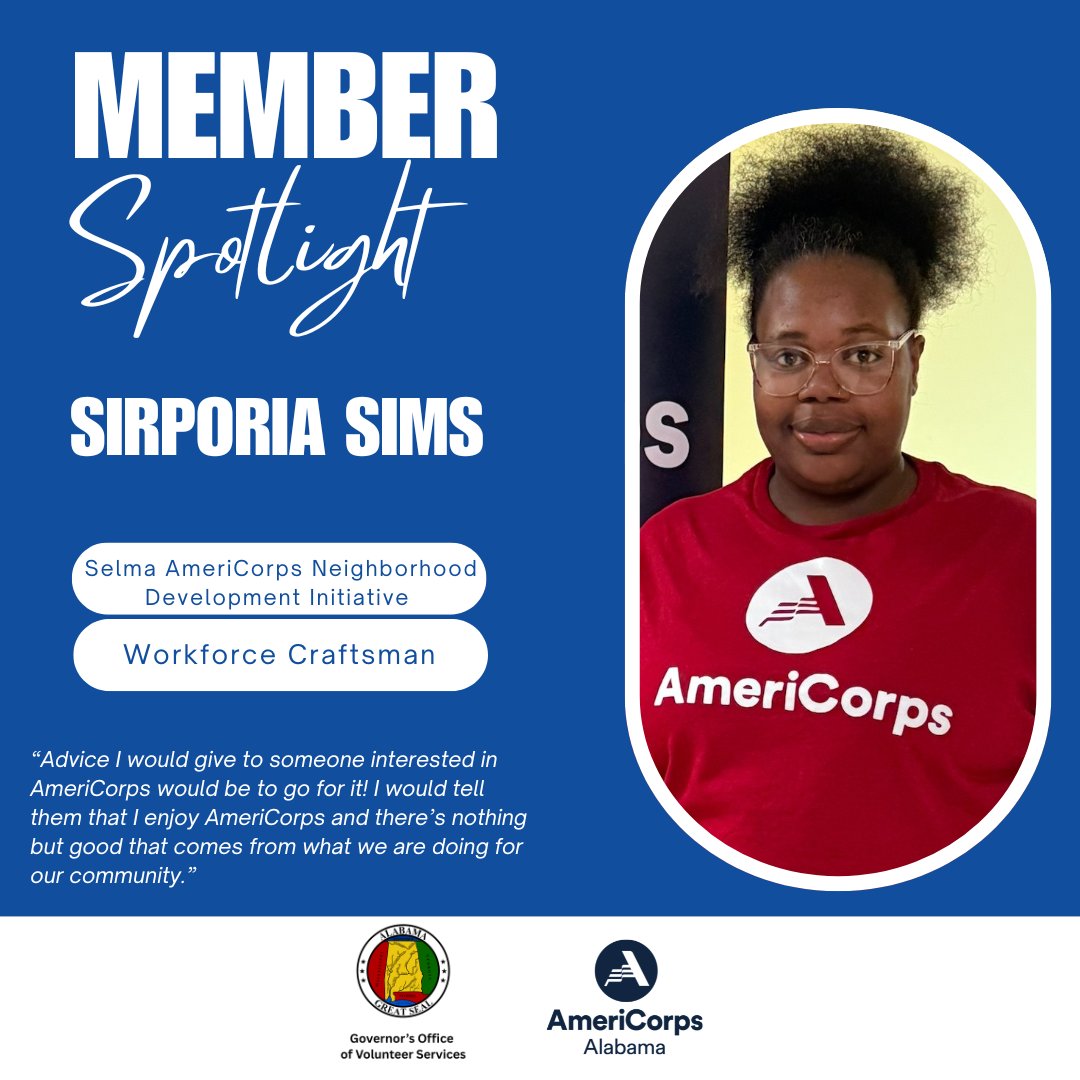 ServeAlabama's tweet photo. We would like to recognize the Selma AmeriCorps Neighborhood Development Initiative Volunteer Sirporia Sims. Thank you for your service! #getthingsdone #SANDI #ServeAlabama #AlabamaAmeriCorps @AmeriCorps https://t.co/IZzPb04nuf