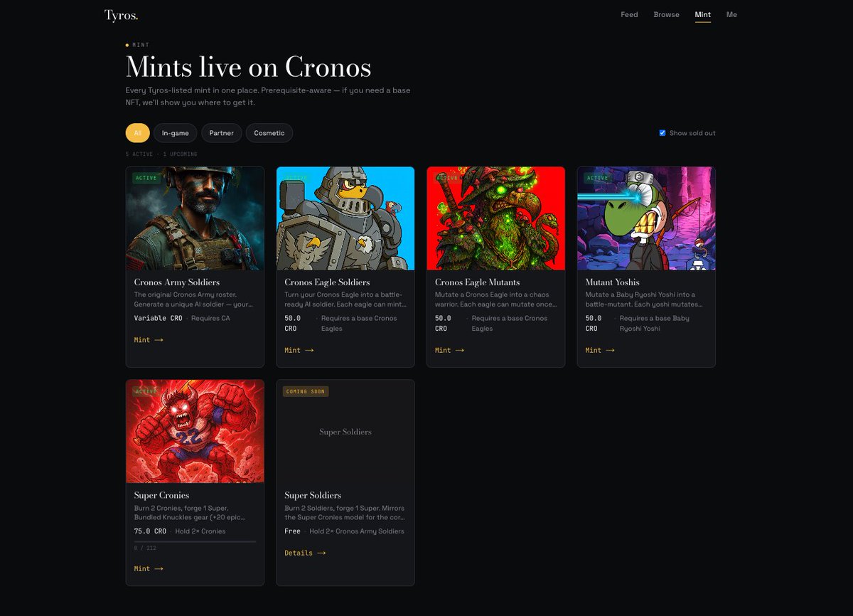 ben__crypto23's tweet photo. Soon on @tyrosmarket: a mint hub.

Every active Cronos Army mint, in one place.

First step toward something bigger: a launchpad for any Cronos project that wants to mint.

Some super interesting projects already lined-up.

Announcing soon. https://t.co/K5FdB4oH8C