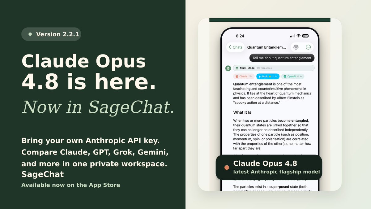 SageKeyLabs's tweet photo. 🚀 SageChat 2.2.1 is live on the App Store!

Now with Claude Opus 4.8: bring your own Anthropic API key, start new chats with Opus by default, and compare leading AI models in one private workspace.

🔒 Your keys. Your choice.
https://t.co/6aQrQ7BpLj https://t.co/A7rqmgVgqH