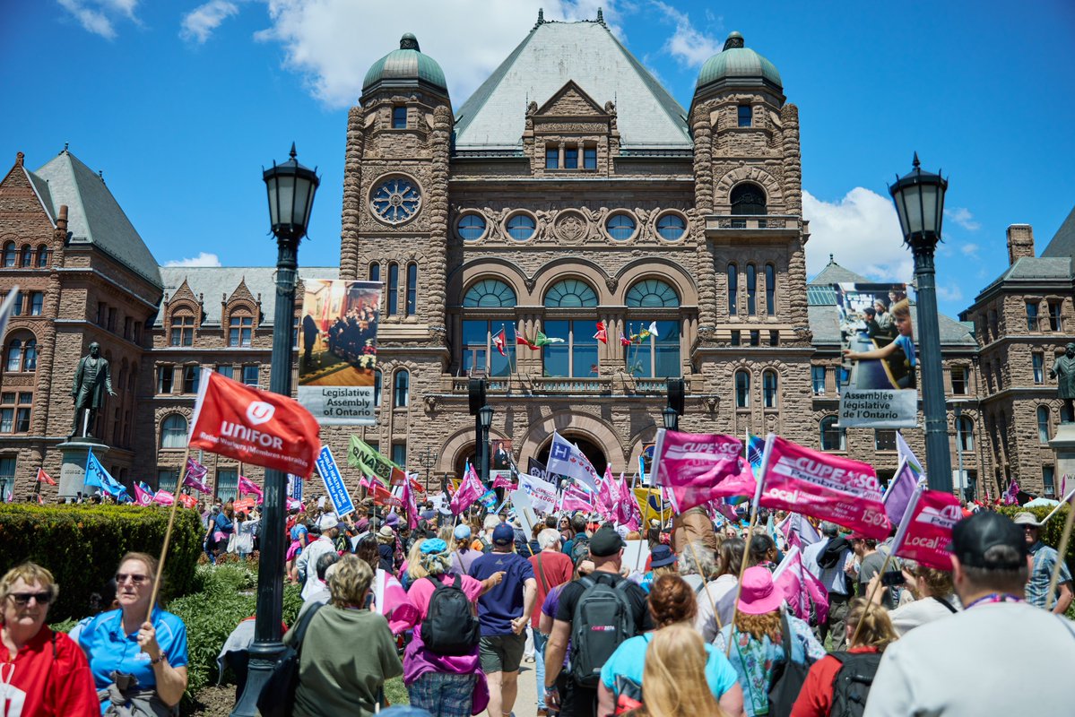 CUPEOntario's tweet photo. During today's lunch break, CUPE Ontario Convention delegates took their fight to the streets, rallying against the ongoing privatization of Ontario's health care system.

As governments continue to funnel public dollars into private profit, workers, patients, and communities are paying the price through longer wait times, staffing shortages, and reduced access to care.

Delegates sent a clear message: Health care is a public good, not a business opportunity.

We will continue to fight for a fully public, properly funded health care system that puts patients before profits and ensures quality care for everyone.

✊🏥 Public health care. Public solutions. No privatization.

#CUPEON26