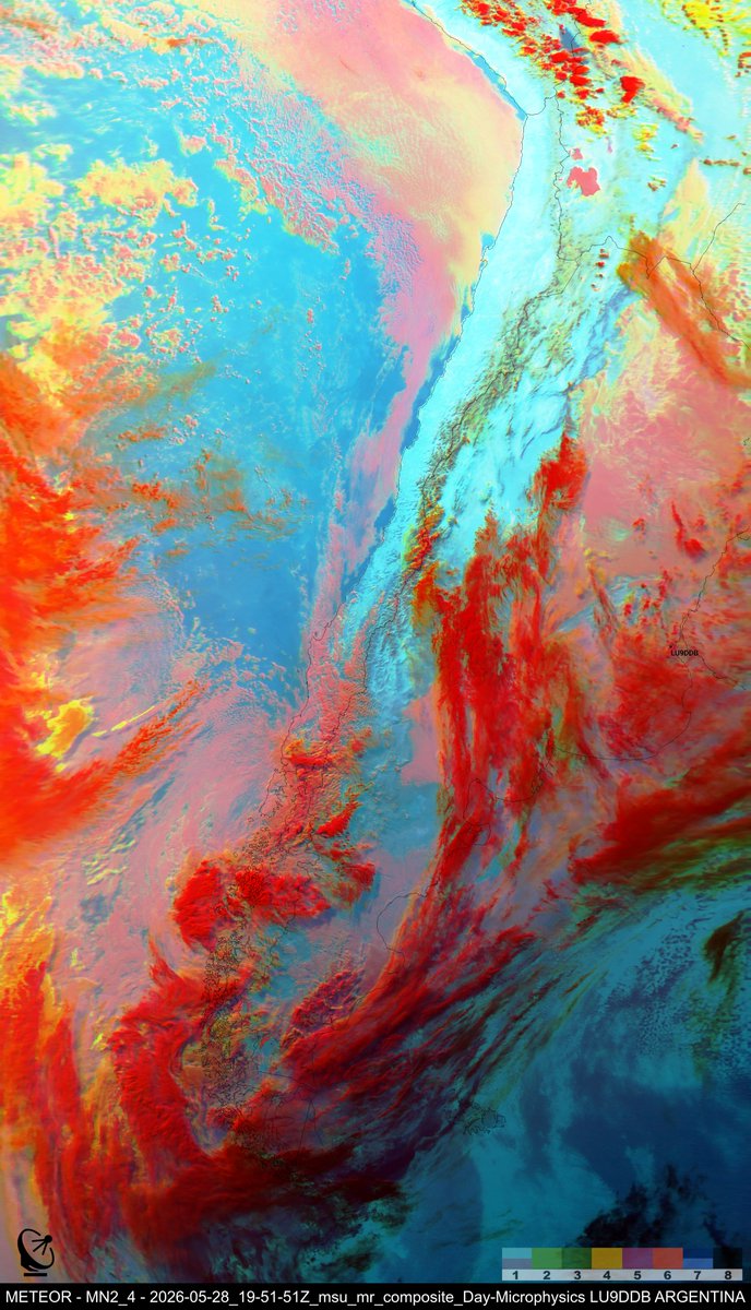 EMAVilladeMayo's tweet photo. METEOR MN2_4 HRPT 28/05/2026 1651 H.O.A
🛰️ Max Elev: 29°W
#satdump #sawbird #sdrplay #Meteor
(Haga clic en la imagen y luego haga clic derecho para abrirla en una nueva pestaña para obtener una resolución completa de la imagen.)
🇦🇷 LU9DDB
https://t.co/AMTMFdl8nW https://t.co/eHIgSVt56h
