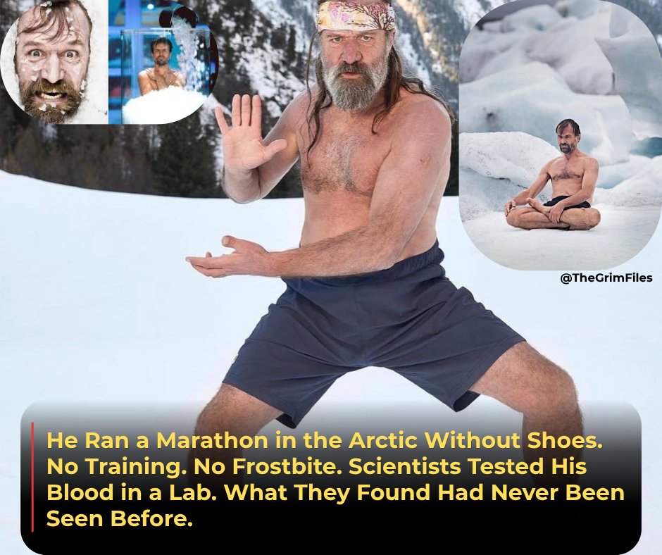 TheGrimFiles's tweet photo. Wim Hof can control his own body temperature using only his mind and breathing. He has climbed Everest in shorts. He ran a full marathon in the Arctic barefoot. He sat in ice water for nearly two hours with no drop in core temperature. Scientists at Radboud University injected him with bacterial endotoxin — something that should trigger fever, chills, and flu-like symptoms in every human. Wim suppressed the immune response completely. On command. When they ran the same test on a control group, every single person got sick. Wim felt nothing. He then taught a group of volunteers his method. They did it too. Doctors had previously believed that part of the immune system was entirely involuntary. Wim proved it wasn't. #mystery #fypシ゚viral #thegrimfiles