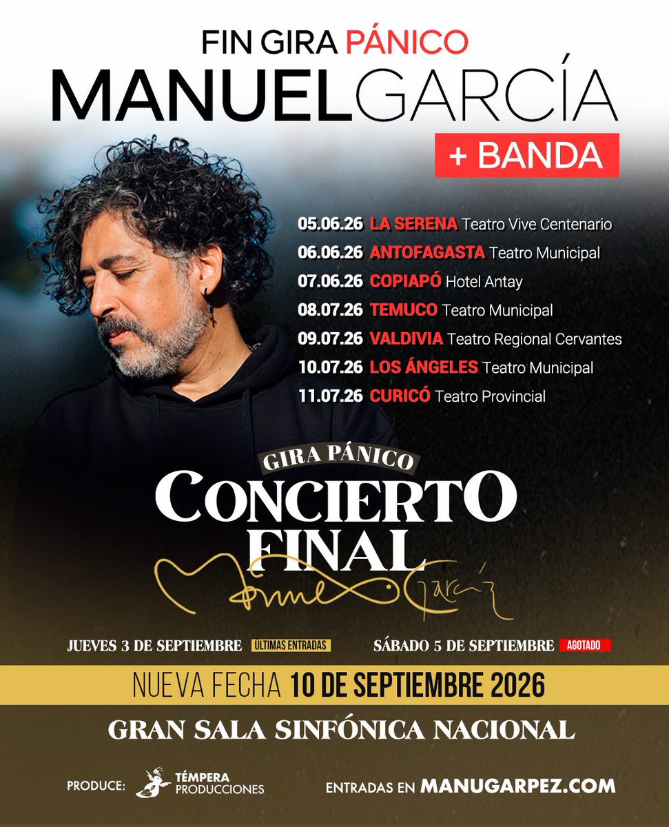 manugarpez's tweet photo. Cuatro ciudades más y nos despedimos de la gira Pánico: 

TEMUCO
VALDIVIA 
LOS ÁNGELES 
CURICÓ 

Con banda: 
5/6 La Serena 
6/6 Antofagasta (agotado)
7/6 Copiapó 
8/7 Temuco
9/7 Valdivia 
10/7 Los Ángeles 
11/7 Curicó
3/9 La Gran Sala Sinfónica (últimas entradas)
5/9 La Gran Sala Sinfónica (agotado)
10/9 La Gran Sala Sinfónica (nueva y última fecha)

Asegura tu entrada en https://t.co/4Ngfv6NPo8
